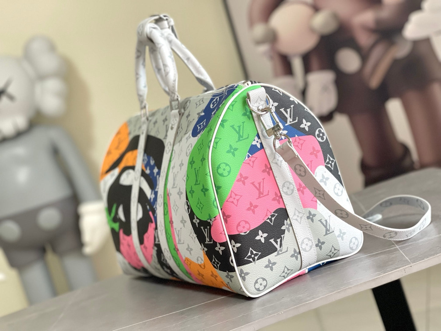 LV Keepall Bandoulière 50 Multicolor Monogram Camouflage Duffle Bag