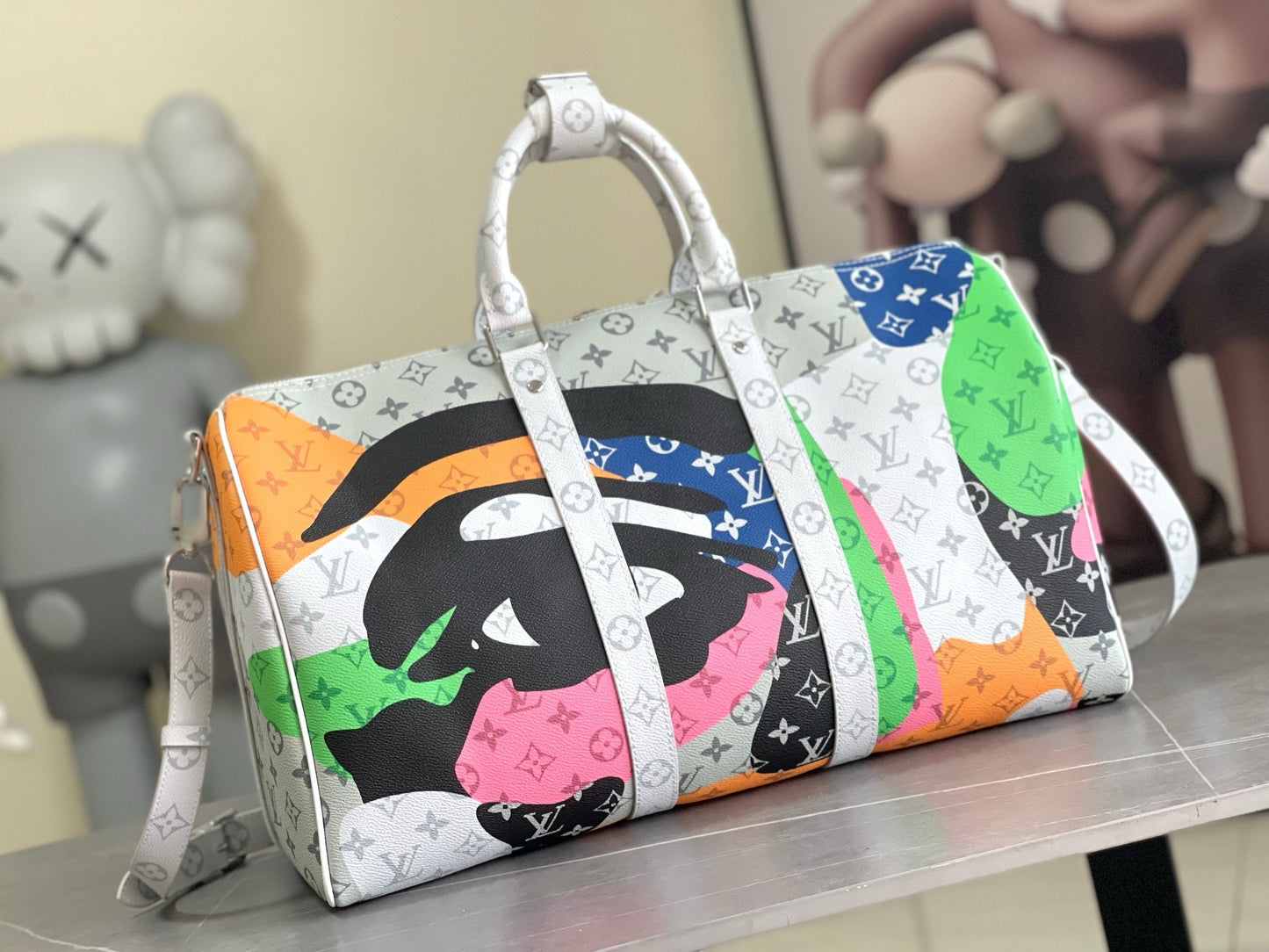 LV Keepall Bandoulière 50 Multicolor Monogram Camouflage Duffle Bag