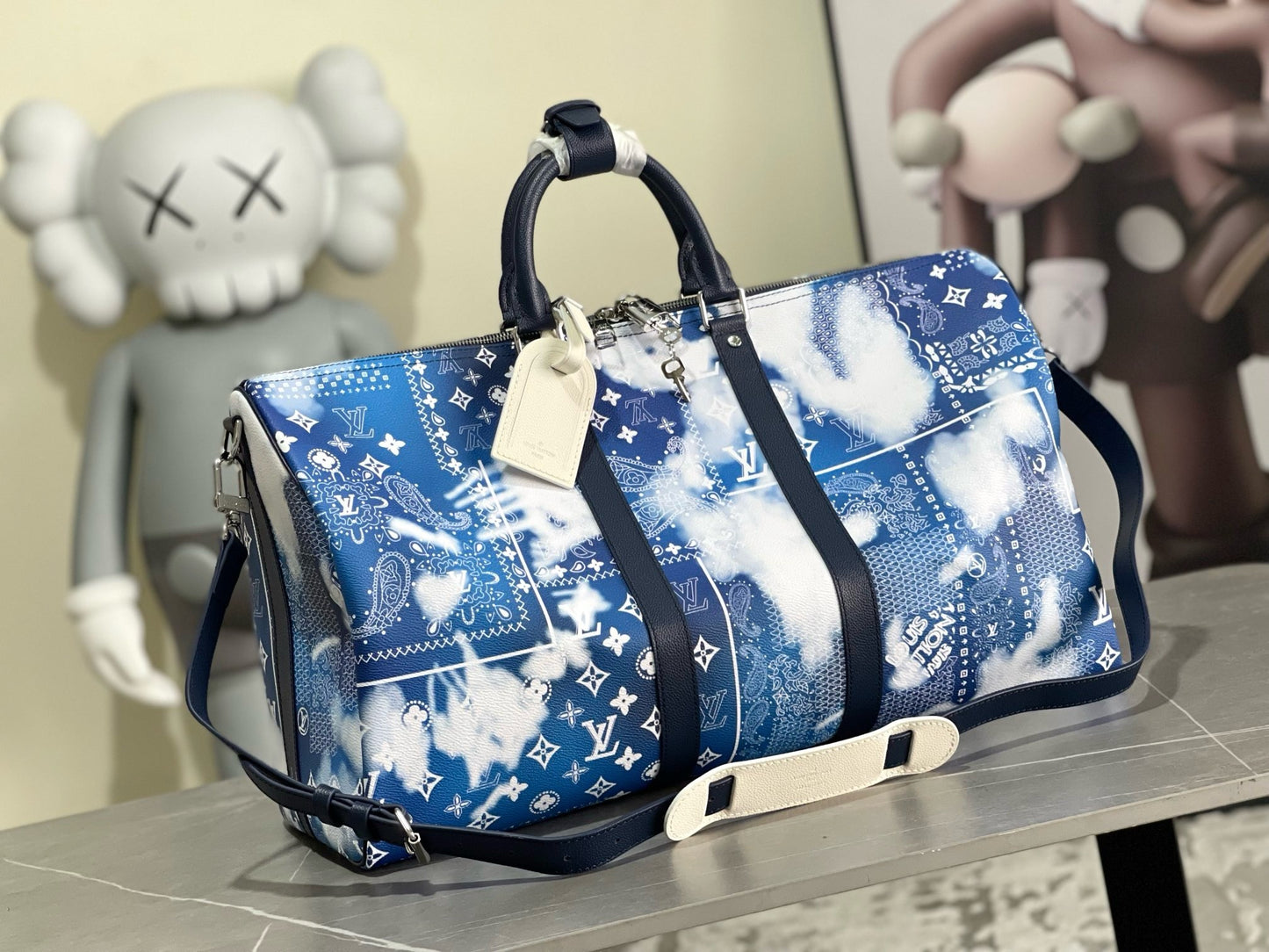 LV Monogram Bandana Keepall Bandoulière 50 – Bleached Blue and White Paisley Canvas Travel Duffel