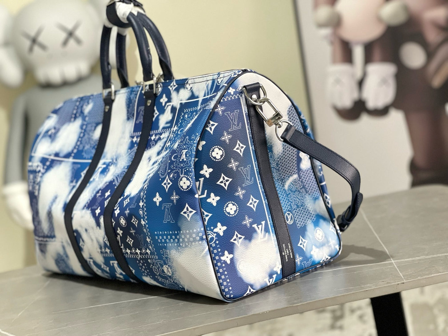 LV Monogram Bandana Keepall Bandoulière 50 – Bleached Blue and White Paisley Canvas Travel Duffel