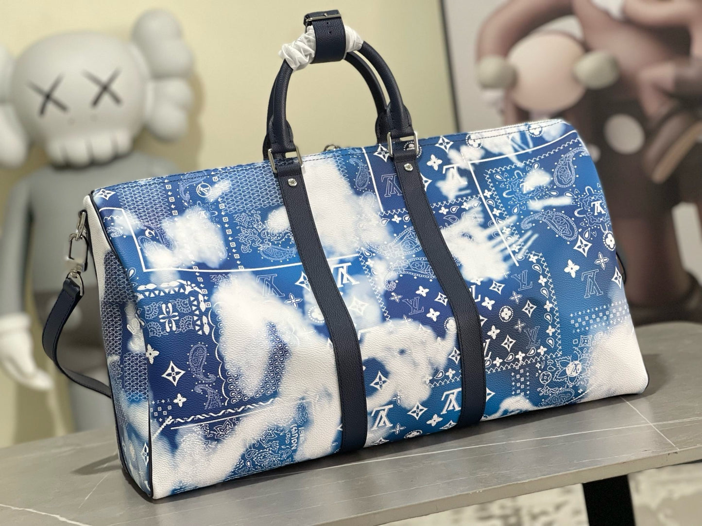 LV Monogram Bandana Keepall Bandoulière 50 – Bleached Blue and White Paisley Canvas Travel Duffel