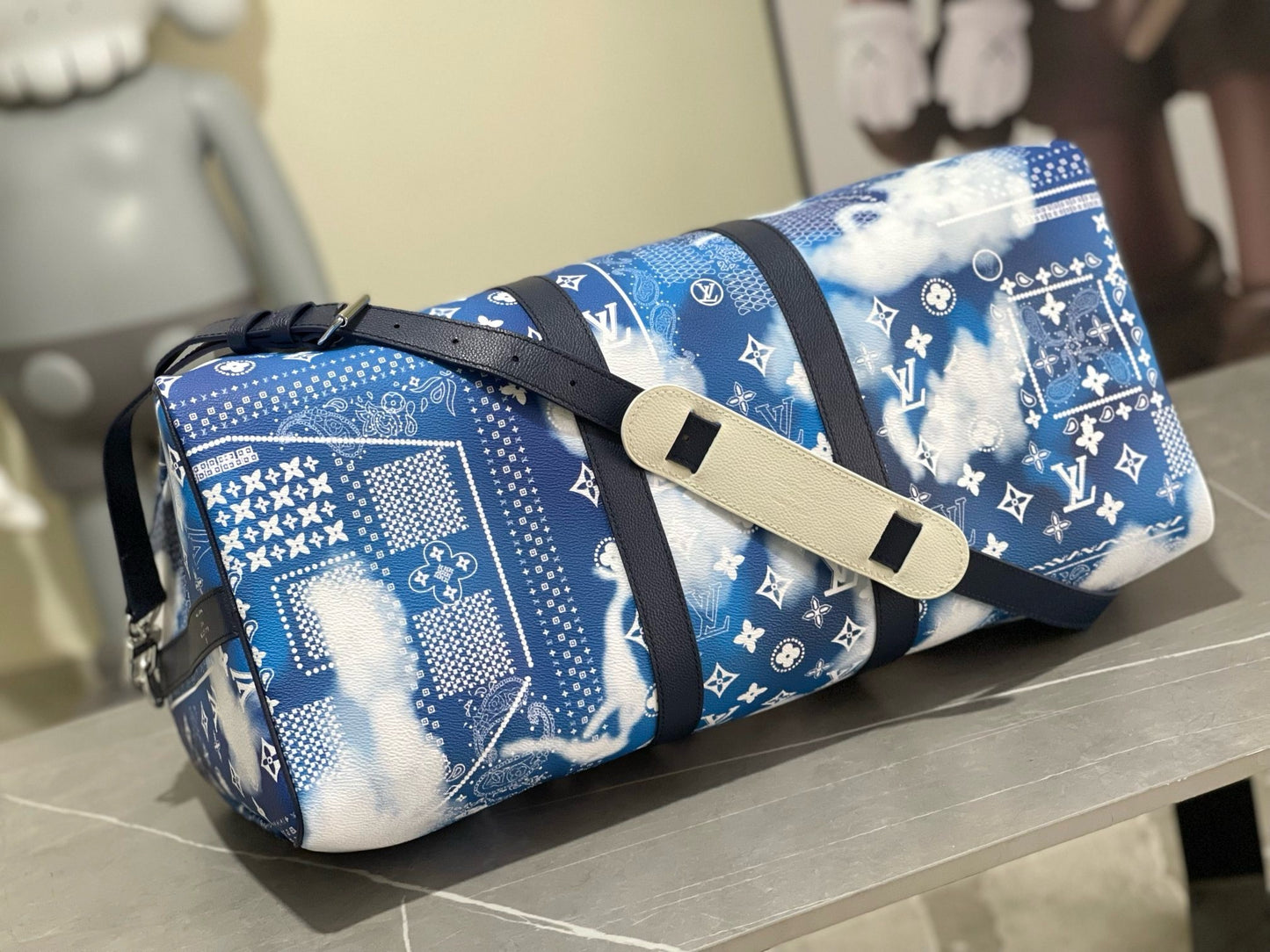 LV Monogram Bandana Keepall Bandoulière 50 – Bleached Blue and White Paisley Canvas Travel Duffel