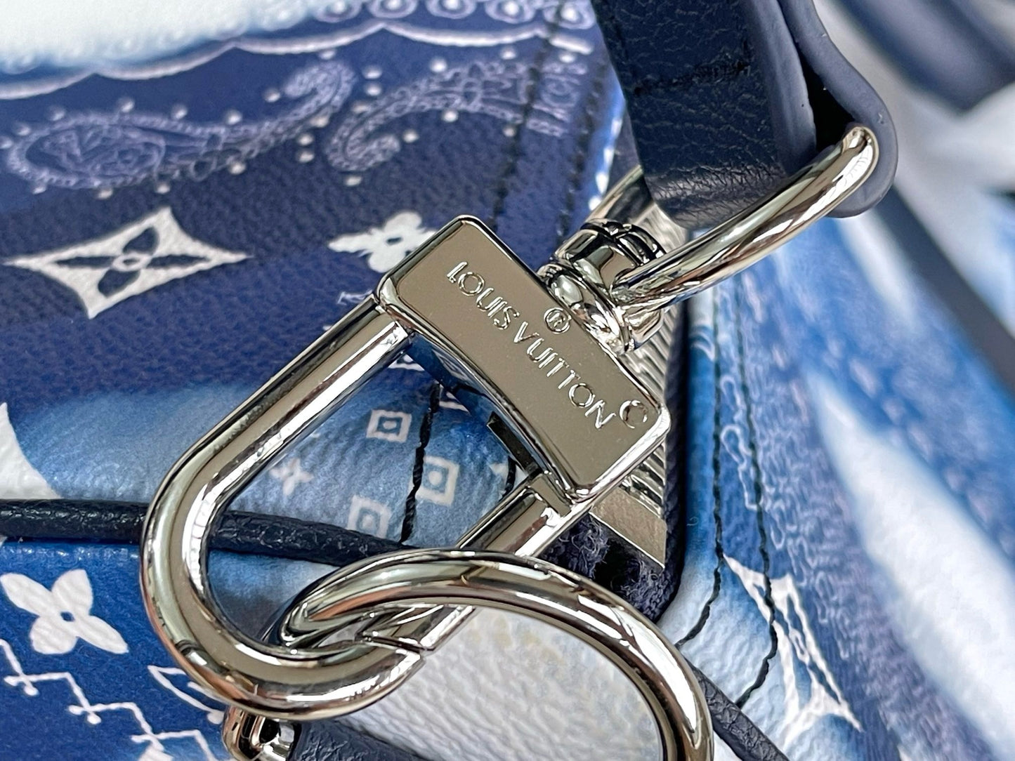 LV Monogram Bandana Keepall Bandoulière 50 – Bleached Blue and White Paisley Canvas Travel Duffel