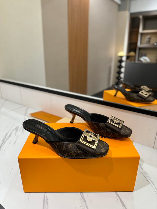 LV Monogram Brown Buckle Kitten Heel Mules – Archival Ebene Coated Canvas Slip-On Shoes