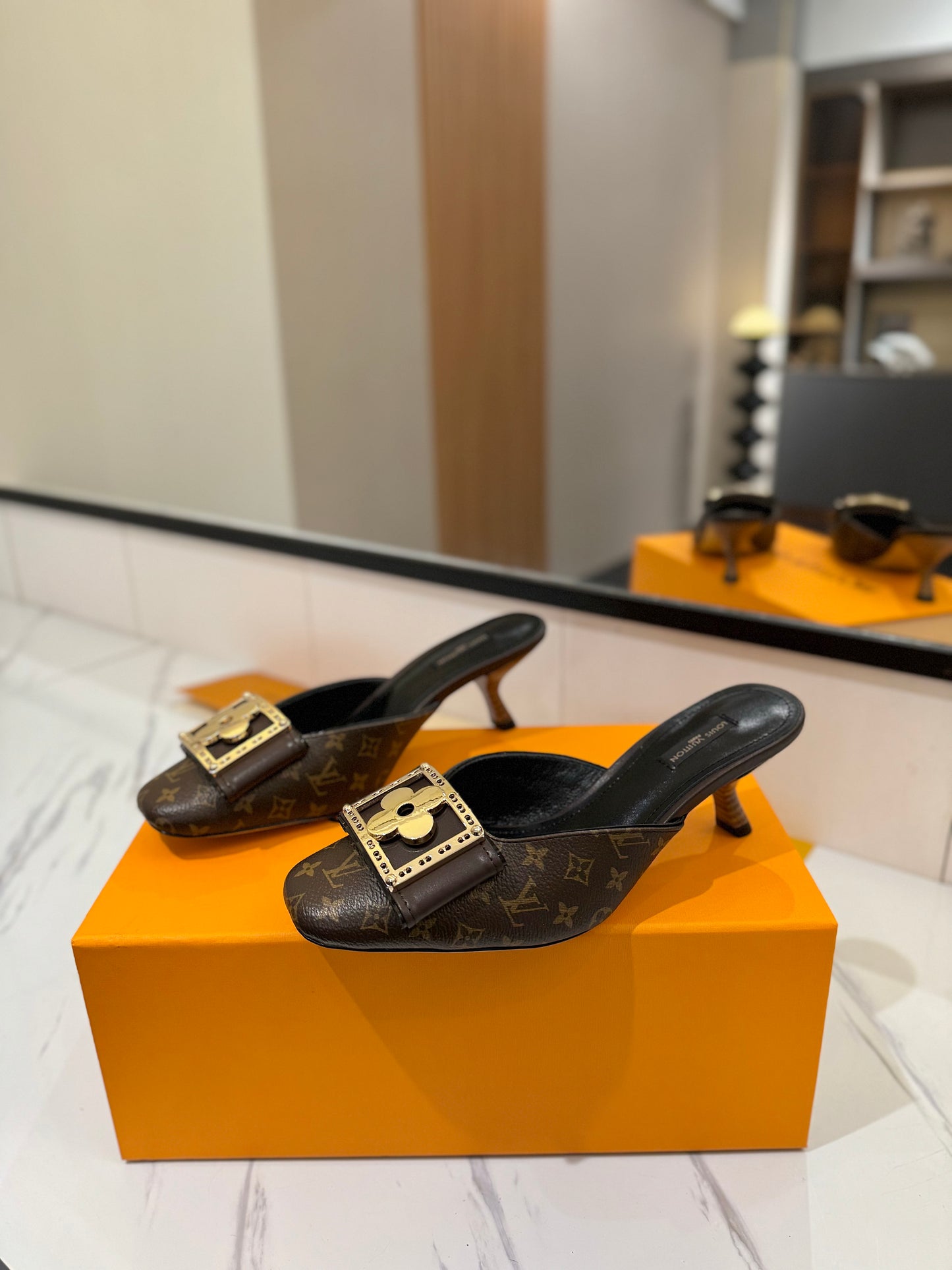 LV Monogram Brown Buckle Kitten Heel Mules – Archival Ebene Coated Canvas Slip-On Shoes