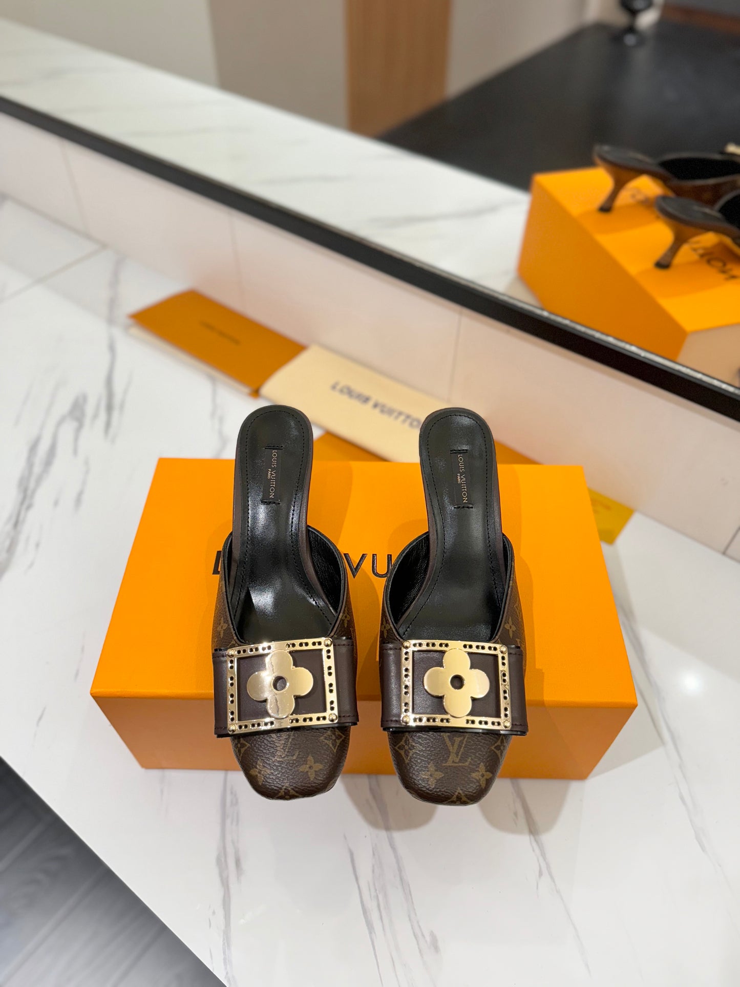 LV Monogram Brown Buckle Kitten Heel Mules – Archival Ebene Coated Canvas Slip-On Shoes