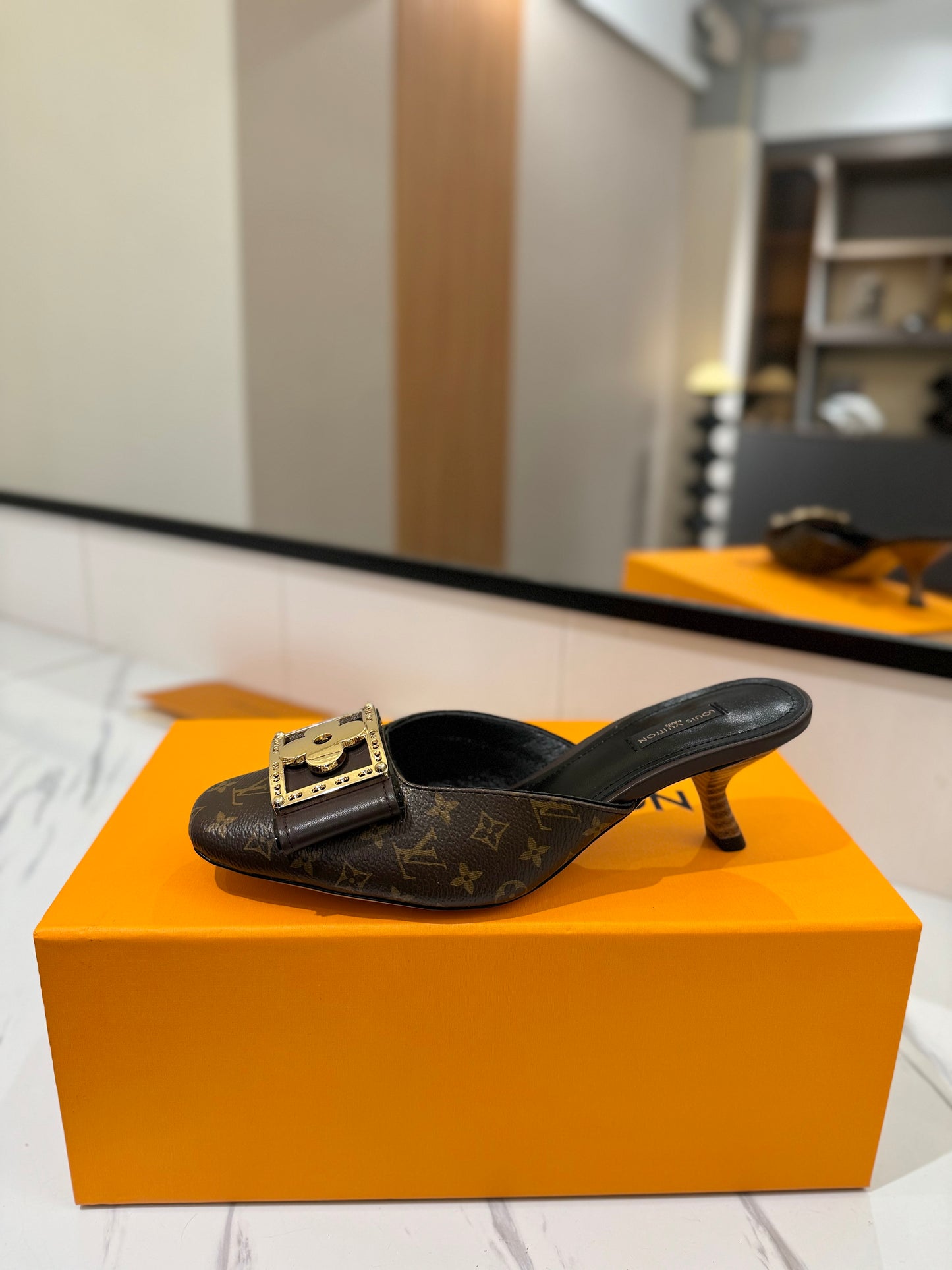LV Monogram Brown Buckle Kitten Heel Mules – Archival Ebene Coated Canvas Slip-On Shoes