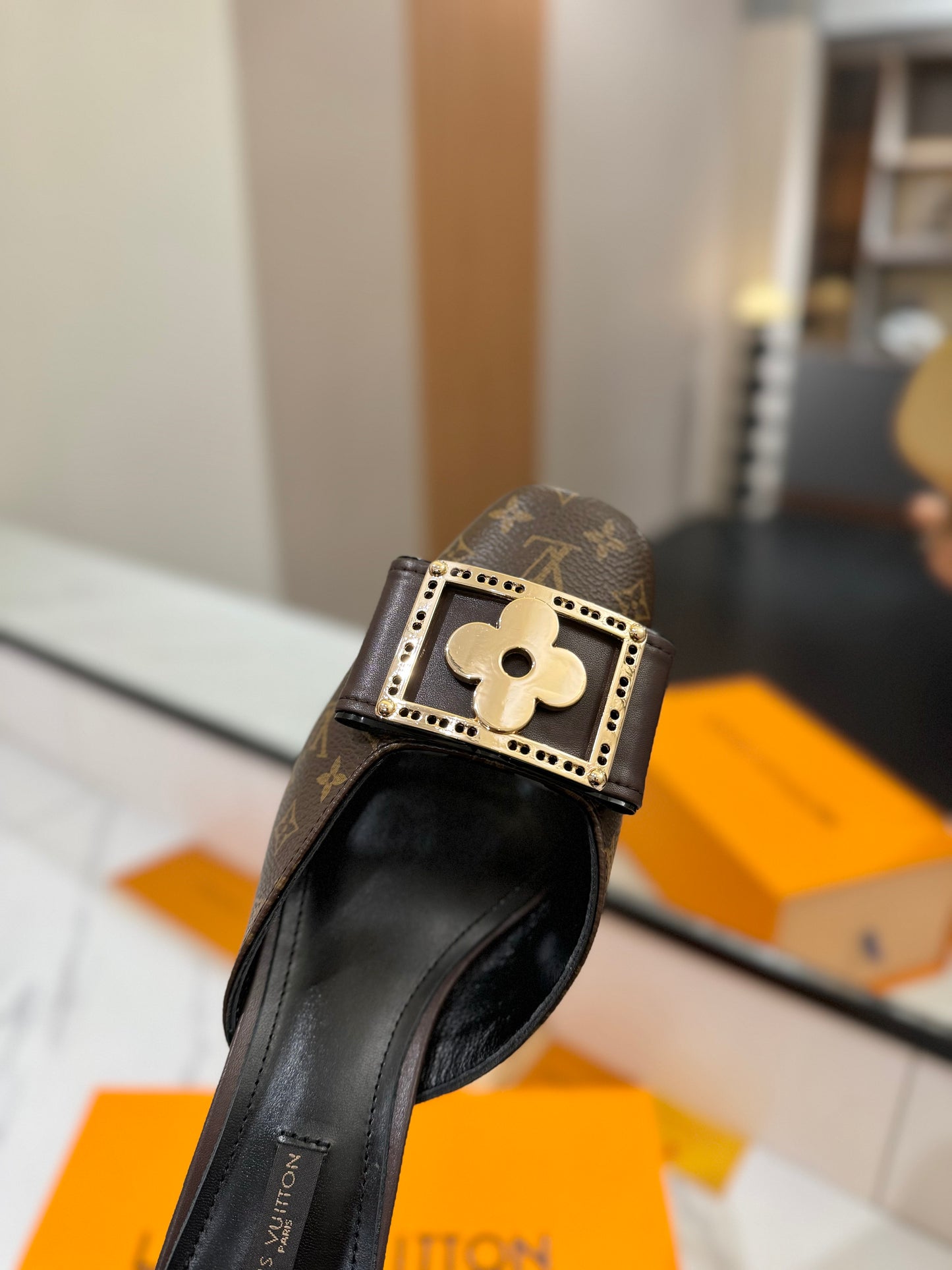 LV Monogram Brown Buckle Kitten Heel Mules – Archival Ebene Coated Canvas Slip-On Shoes