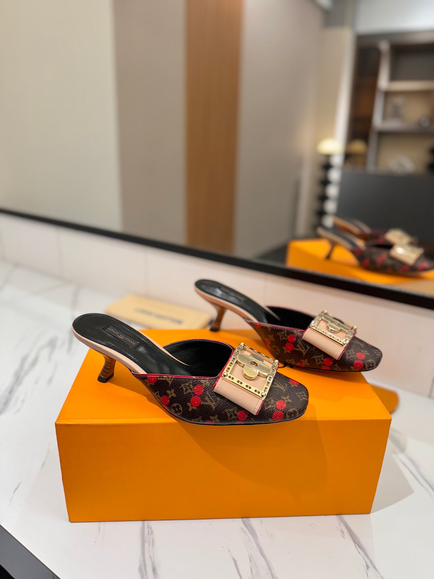 LV Monogram Cherries Kitten Heel Mules – Brown Coated Canvas Slip-On Shoes