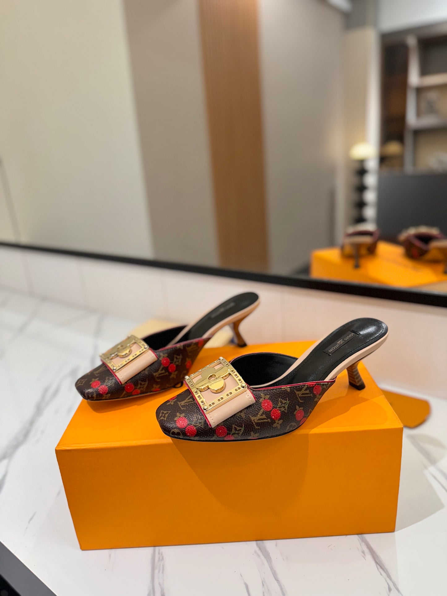 LV Monogram Cherries Kitten Heel Mules – Brown Coated Canvas Slip-On Shoes