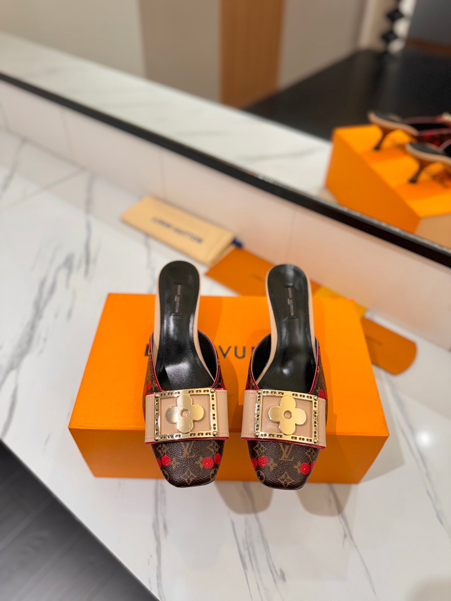 LV Monogram Cherries Kitten Heel Mules – Brown Coated Canvas Slip-On Shoes