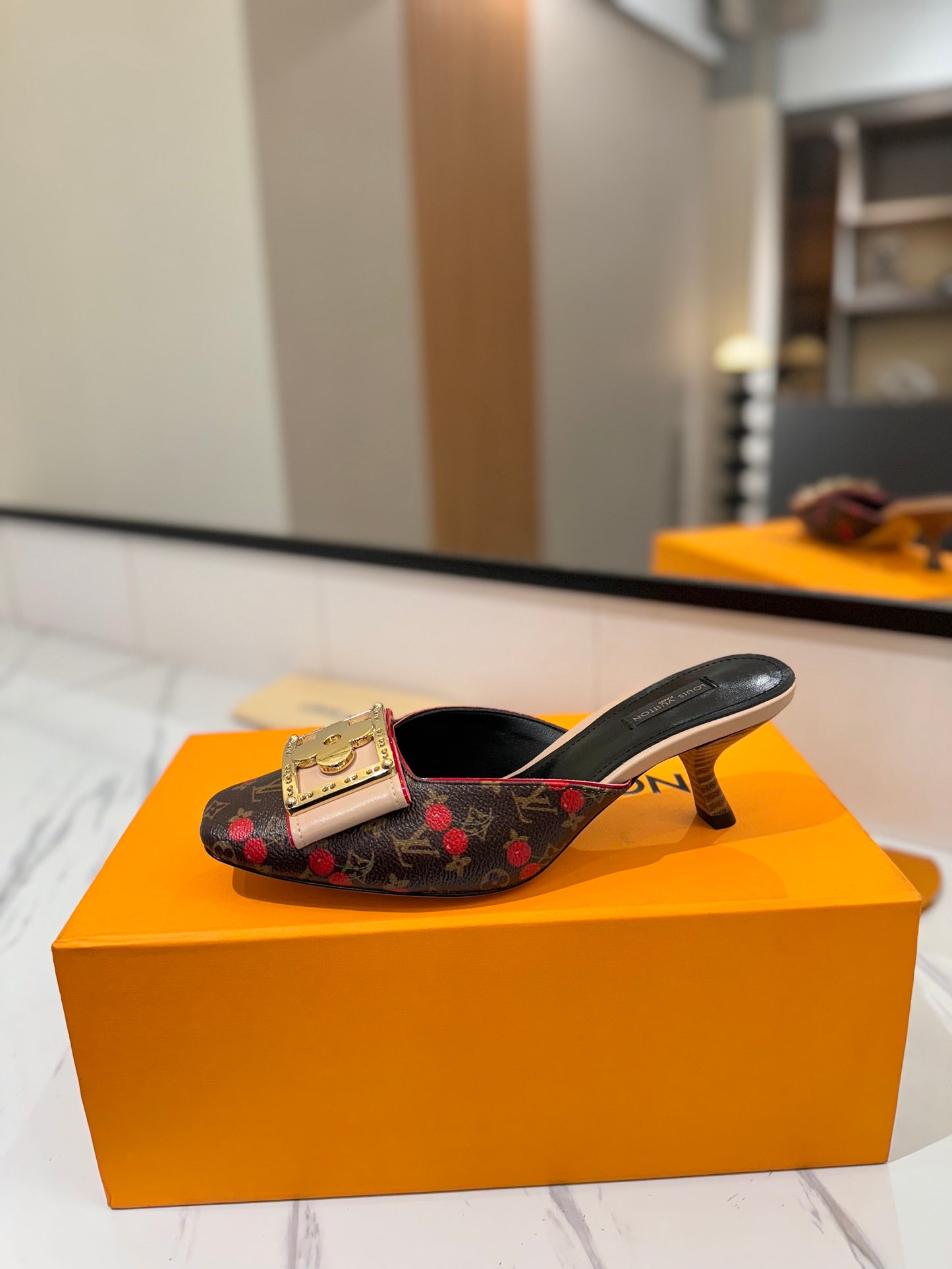 LV Monogram Cherries Kitten Heel Mules – Brown Coated Canvas Slip-On Shoes