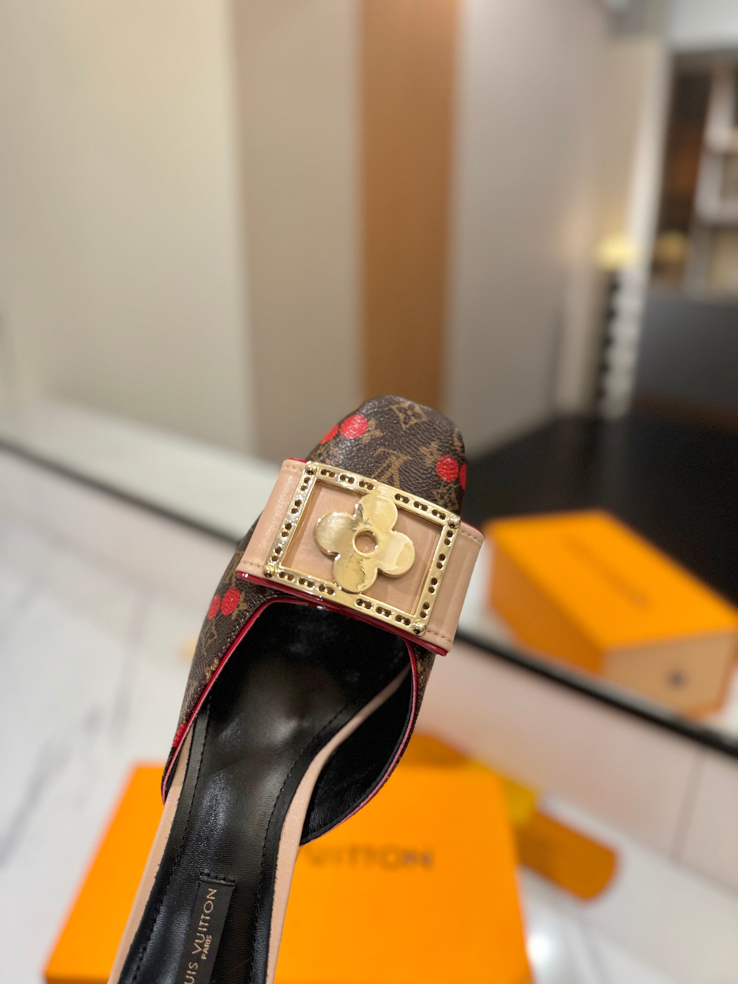 LV Monogram Cherries Kitten Heel Mules – Brown Coated Canvas Slip-On Shoes