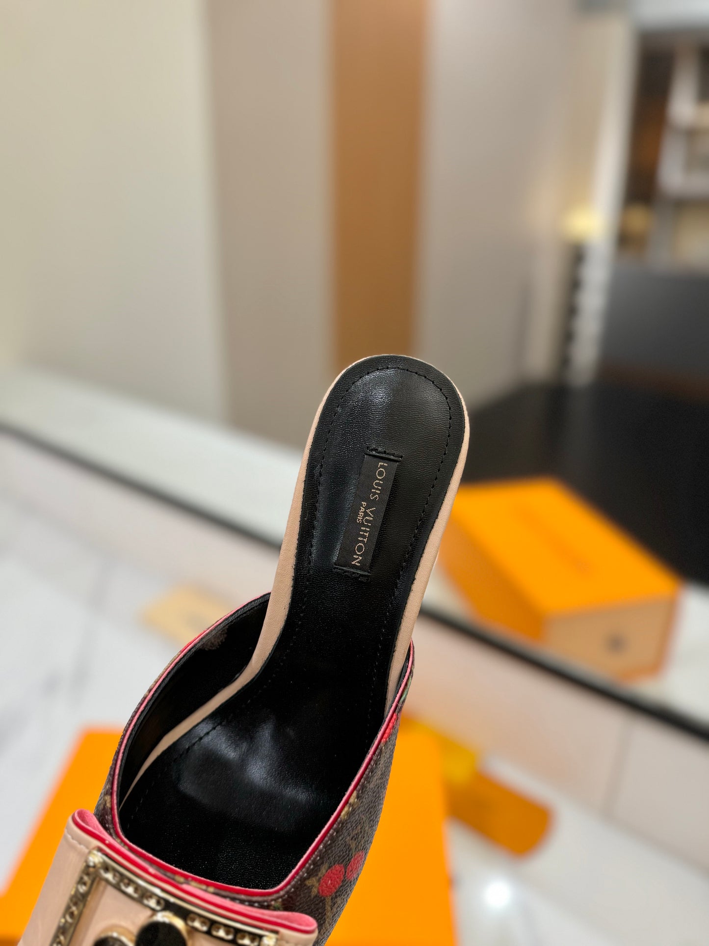 LV Monogram Cherries Kitten Heel Mules – Brown Coated Canvas Slip-On Shoes