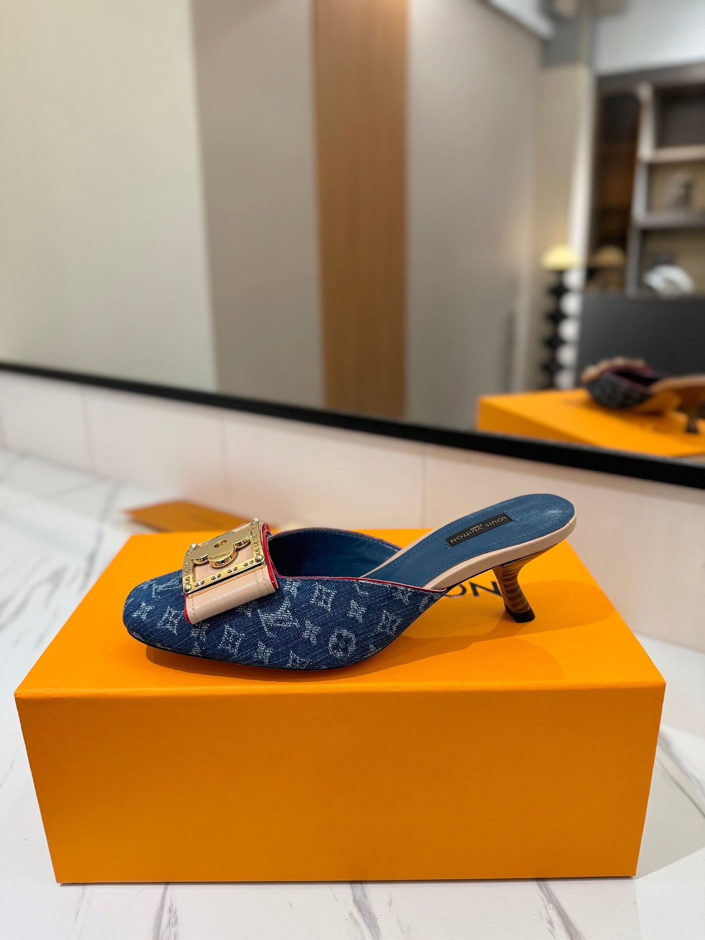 LV Monogram Denim Blue Buckle Kitten Heel Mules – Vintage Stone-Washed Slip-On Shoes