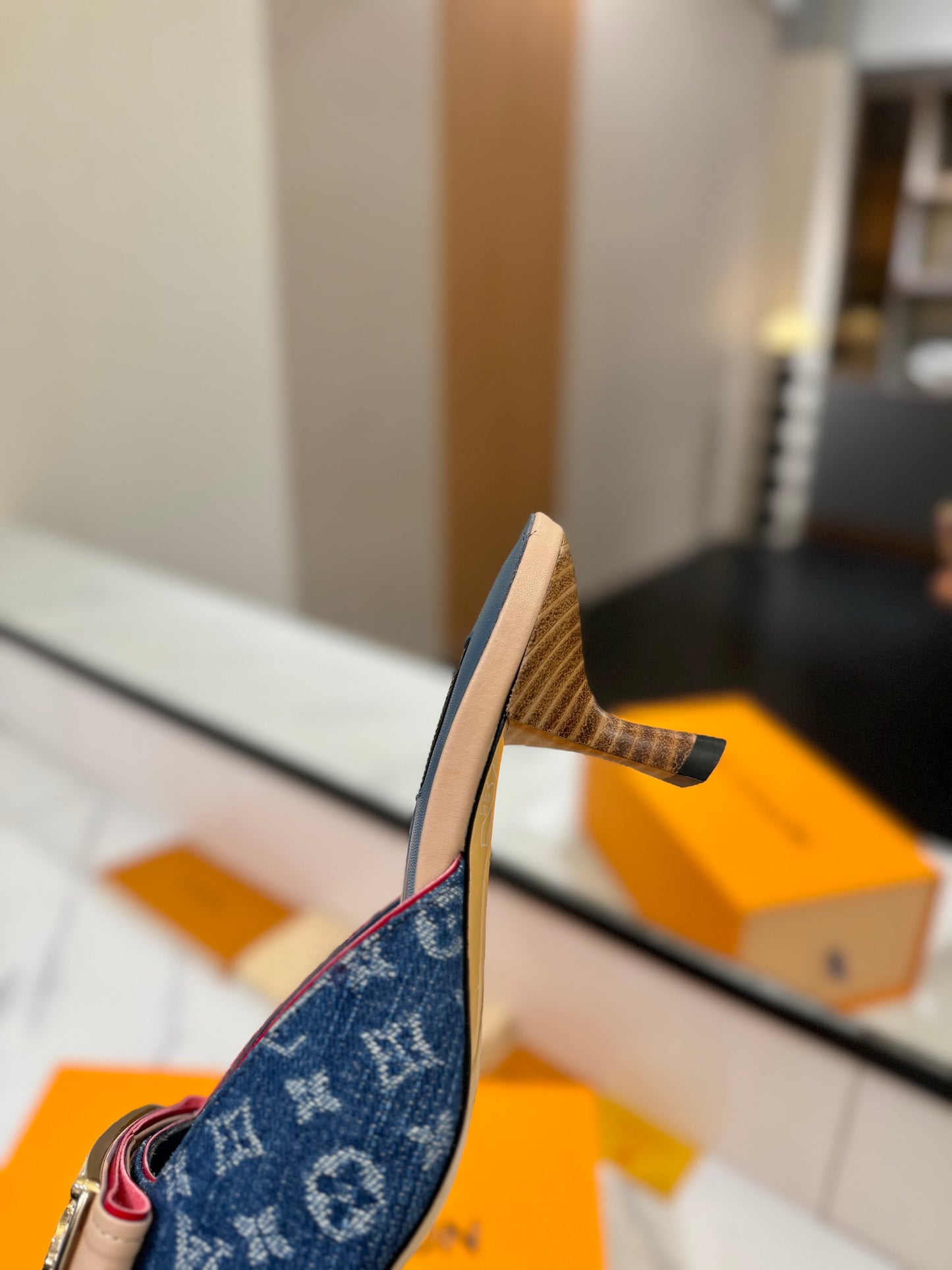 LV Monogram Denim Blue Buckle Kitten Heel Mules – Vintage Stone-Washed Slip-On Shoes