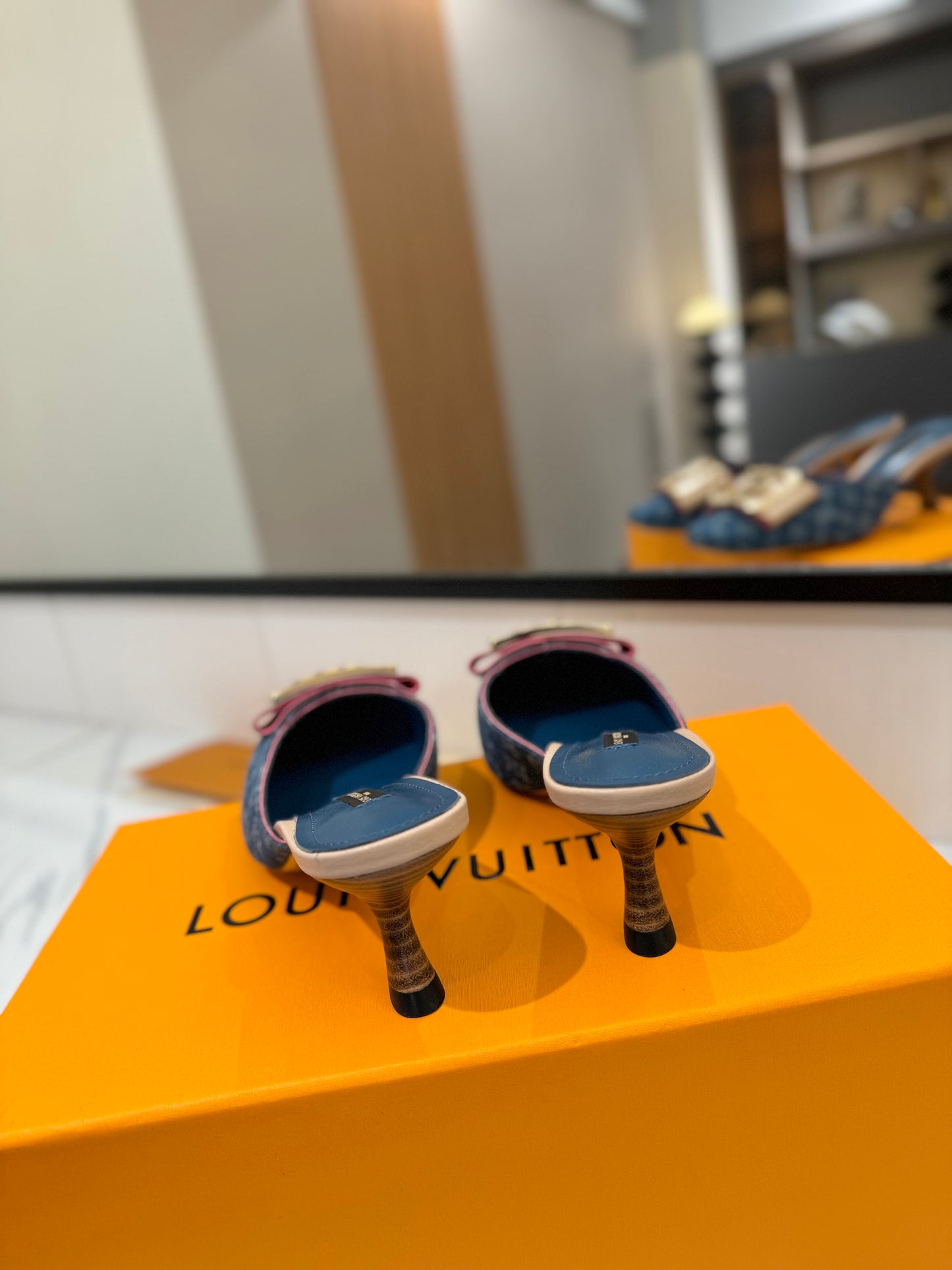 LV Monogram Denim Blue Buckle Kitten Heel Mules – Vintage Stone-Washed Slip-On Shoes