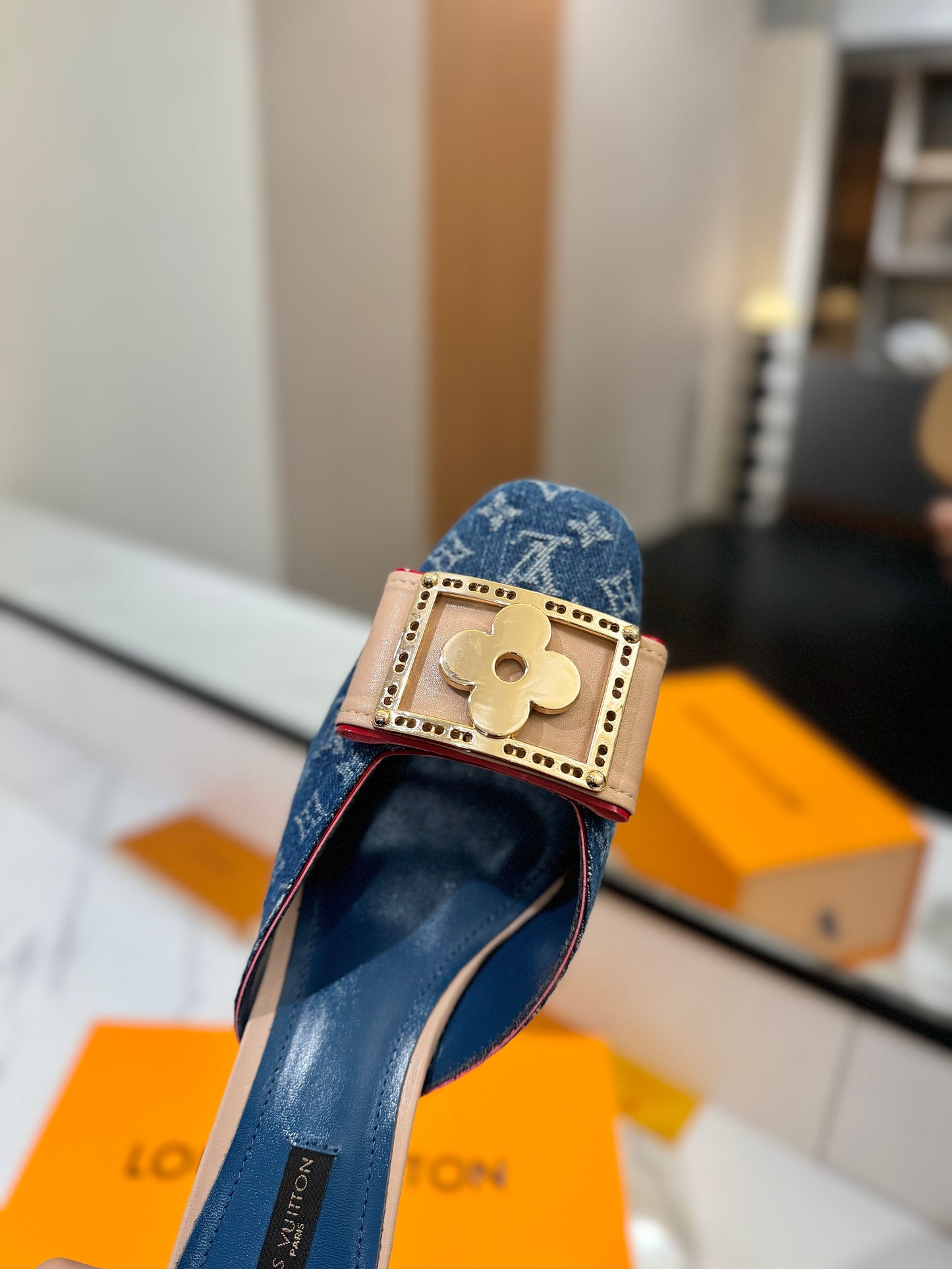LV Monogram Denim Blue Buckle Kitten Heel Mules – Vintage Stone-Washed Slip-On Shoes