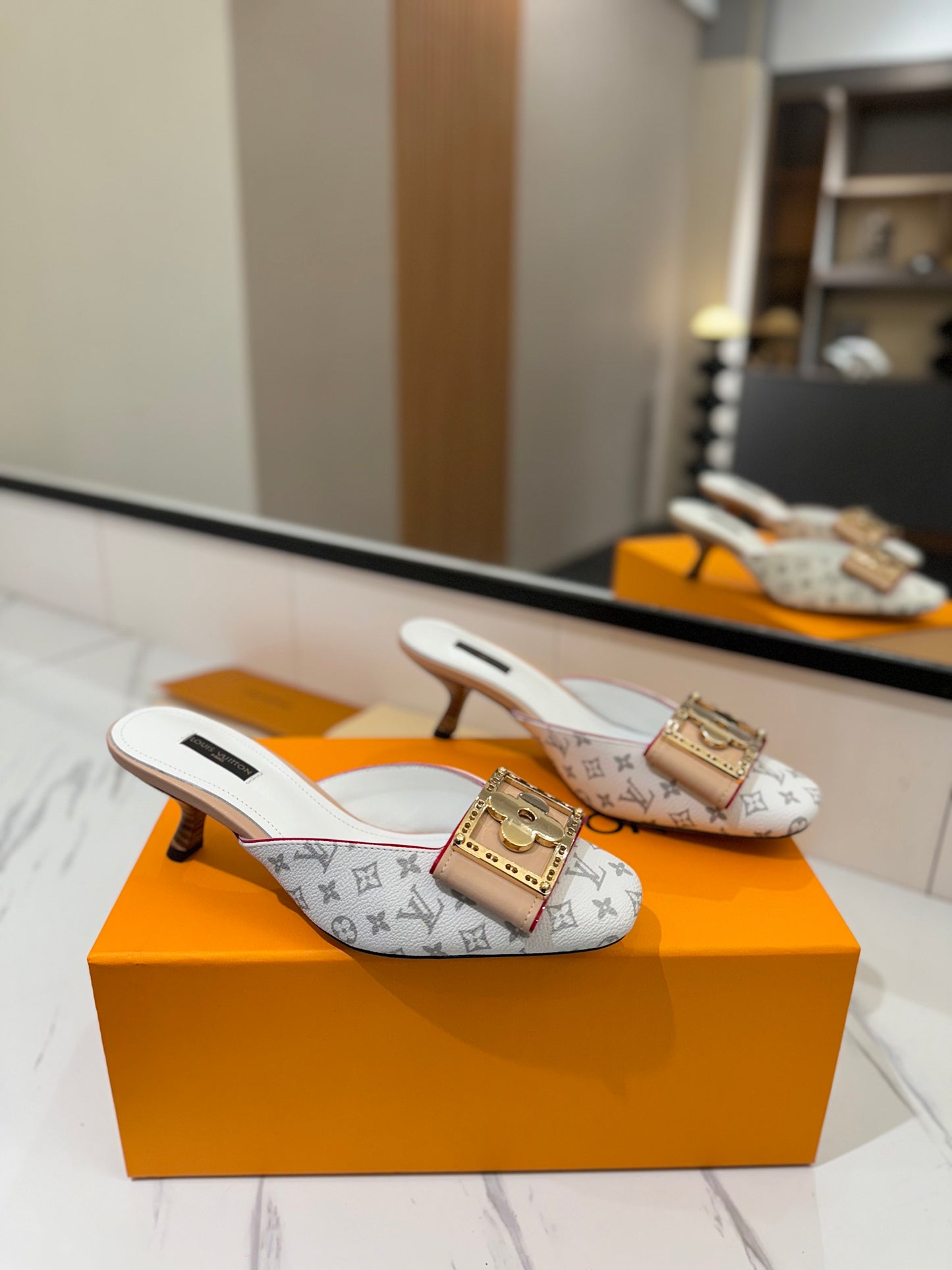 LV Monogram White Buckle Kitten Heel Mules – Sun-Bleached White Canvas Slip-On Shoes