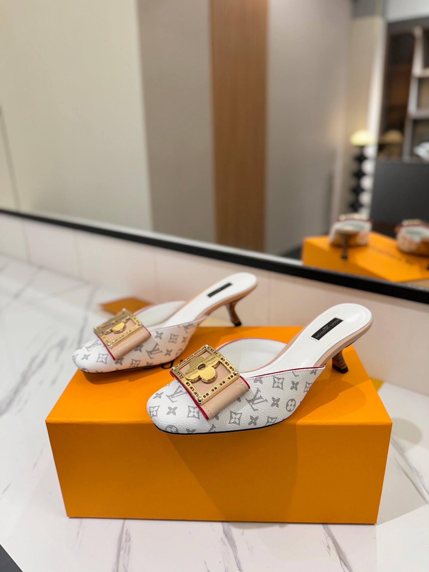 LV Monogram White Buckle Kitten Heel Mules – Sun-Bleached White Canvas Slip-On Shoes