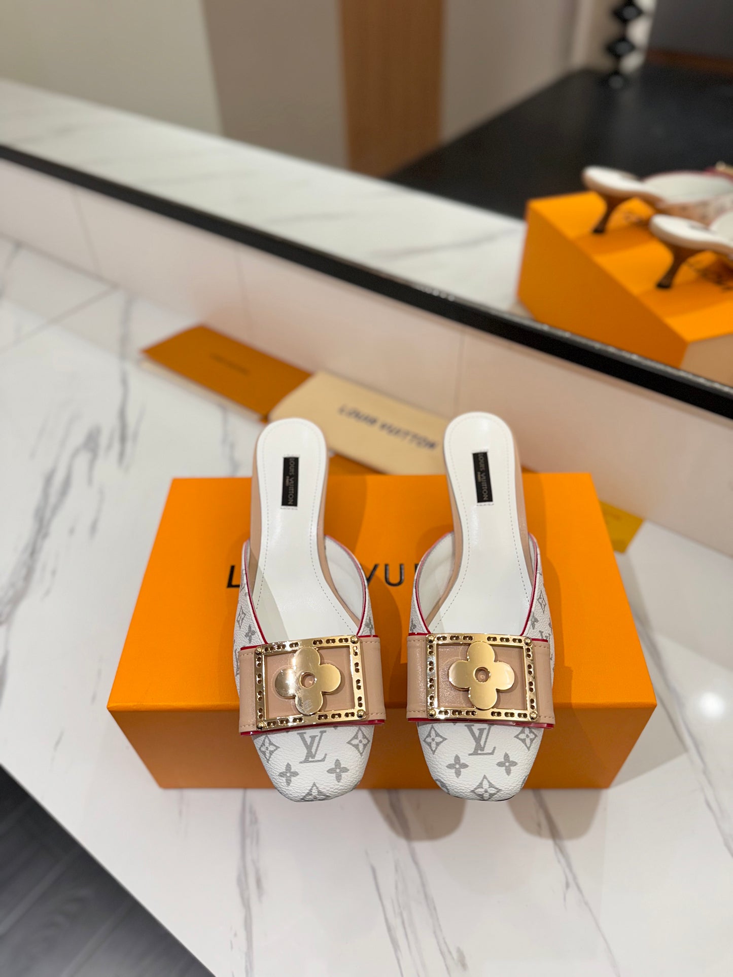 LV Monogram White Buckle Kitten Heel Mules – Sun-Bleached White Canvas Slip-On Shoes
