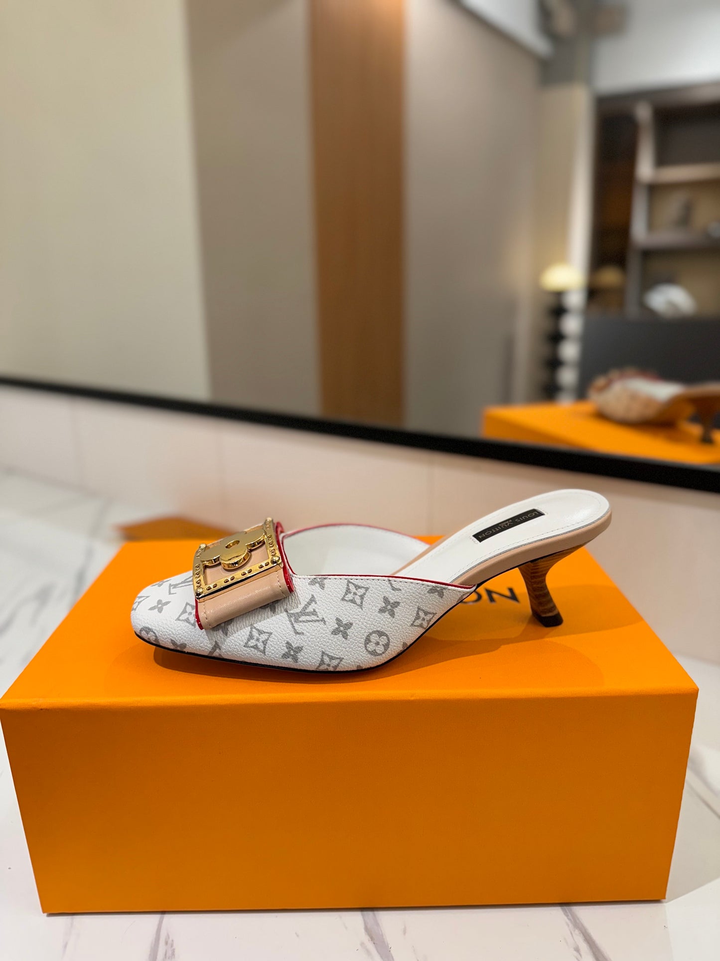 LV Monogram White Buckle Kitten Heel Mules – Sun-Bleached White Canvas Slip-On Shoes