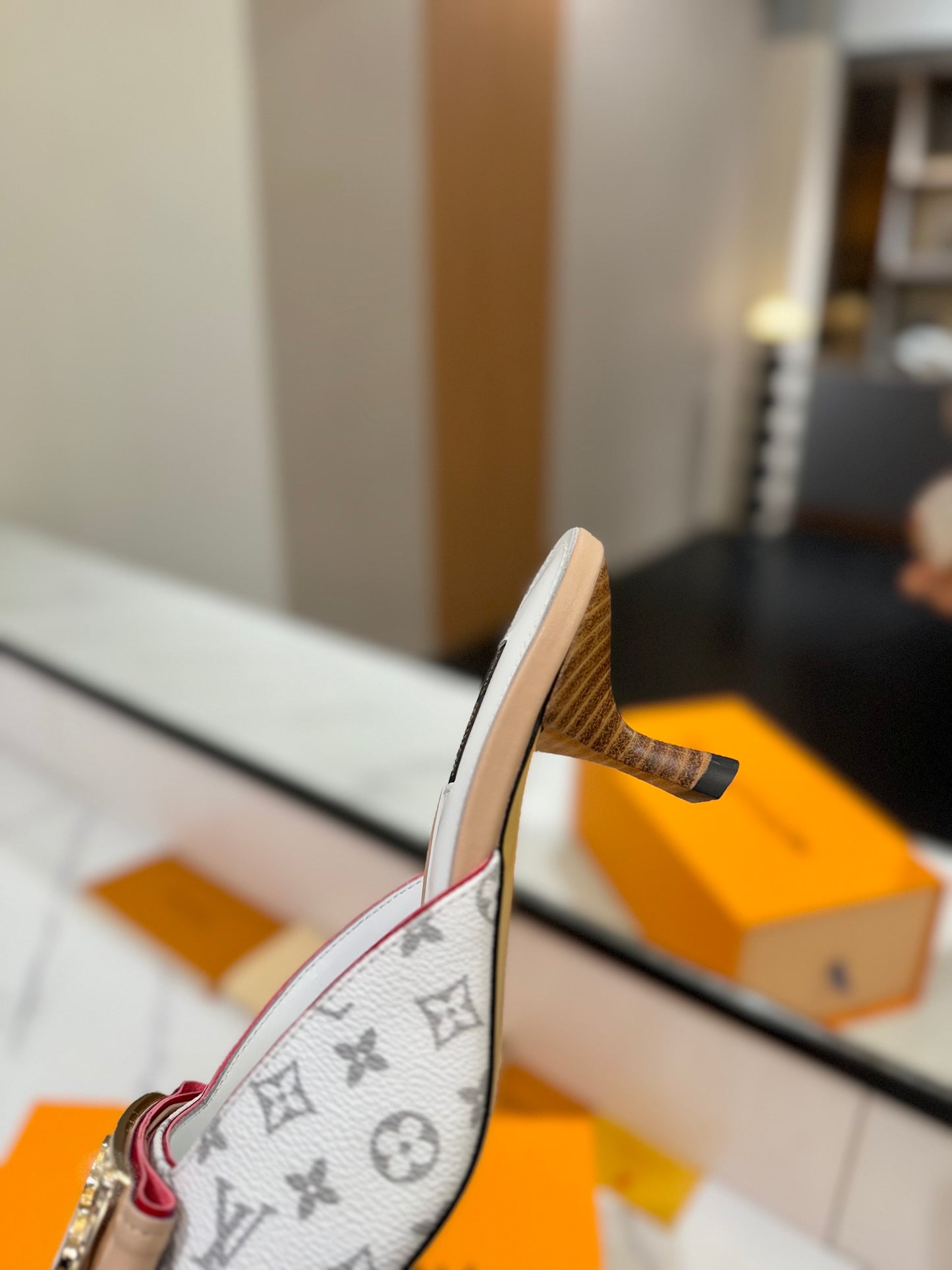 LV Monogram White Buckle Kitten Heel Mules – Sun-Bleached White Canvas Slip-On Shoes