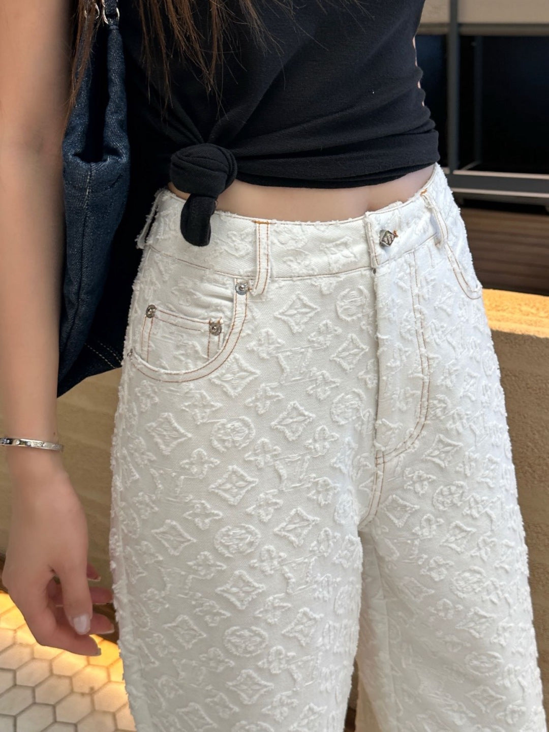 LV Monogram Fil Coupé Pants – Optic White 3D Textured Cut-Thread Cotton Wide-Leg Jeans