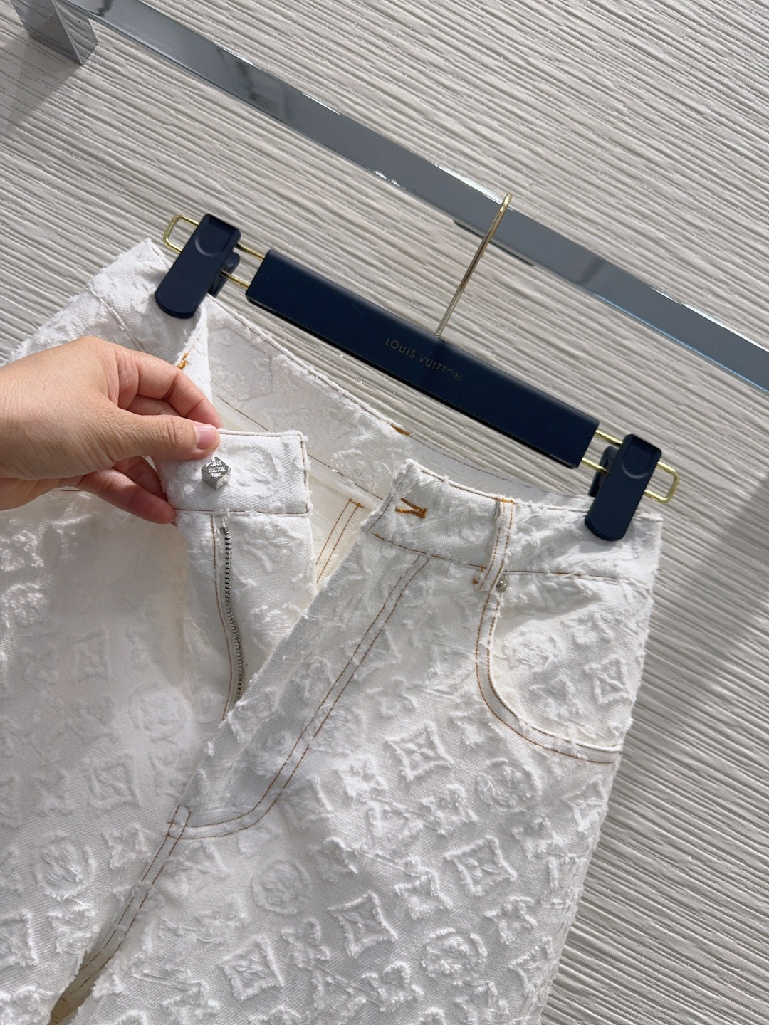 LV Monogram Fil Coupé Pants – Optic White 3D Textured Cut-Thread Cotton Wide-Leg Jeans