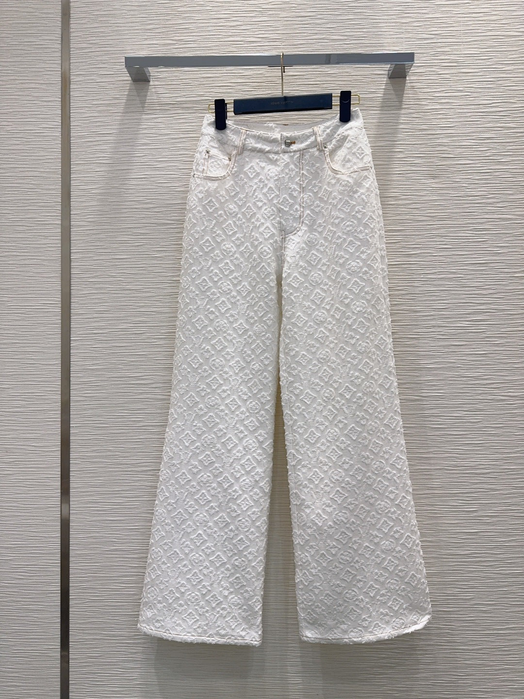 LV Monogram Fil Coupé Pants – Optic White 3D Textured Cut-Thread Cotton Wide-Leg Jeans