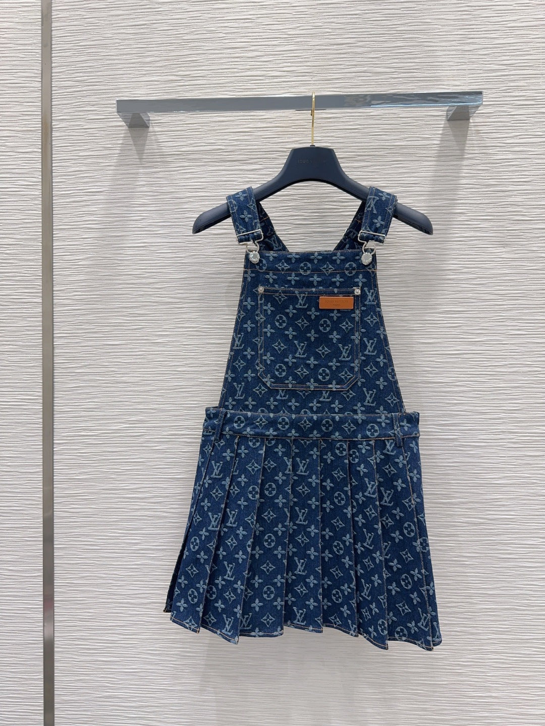 LV Monogram Jacquard Pleated Denim Pinafore Dress – Raw Indigo Monogram Tapestry Overall Rucksack Mini Dress