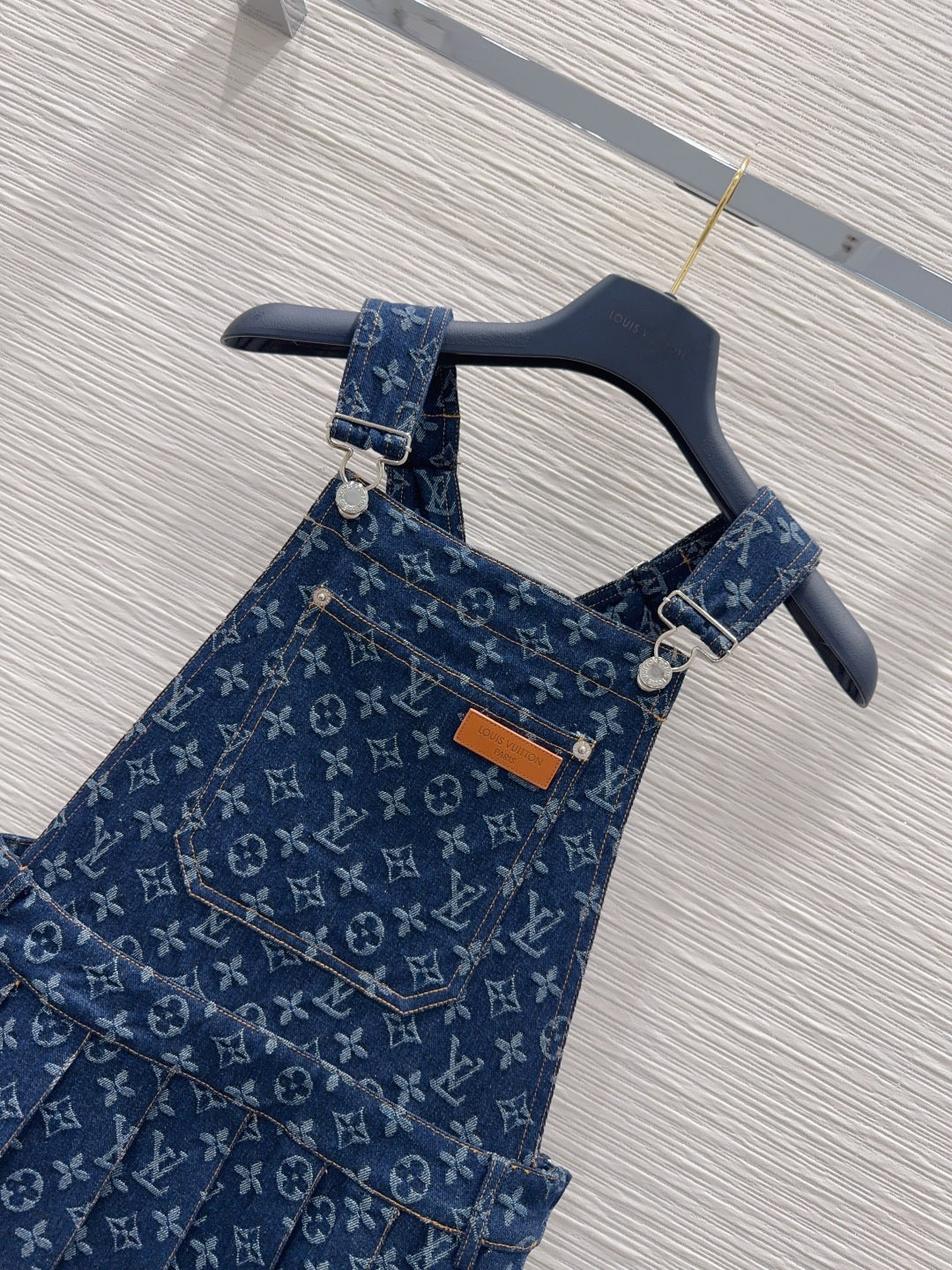 LV Monogram Jacquard Pleated Denim Pinafore Dress – Raw Indigo Monogram Tapestry Overall Rucksack Mini Dress