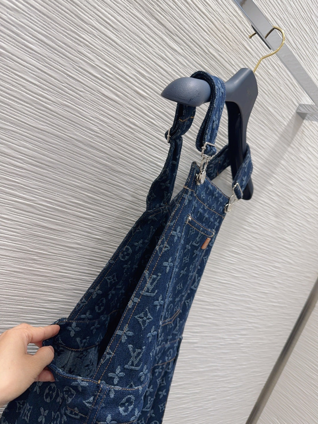 LV Monogram Jacquard Pleated Denim Pinafore Dress – Raw Indigo Monogram Tapestry Overall Rucksack Mini Dress