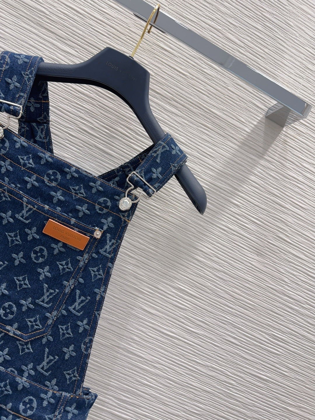 LV Monogram Jacquard Pleated Denim Pinafore Dress – Raw Indigo Monogram Tapestry Overall Rucksack Mini Dress