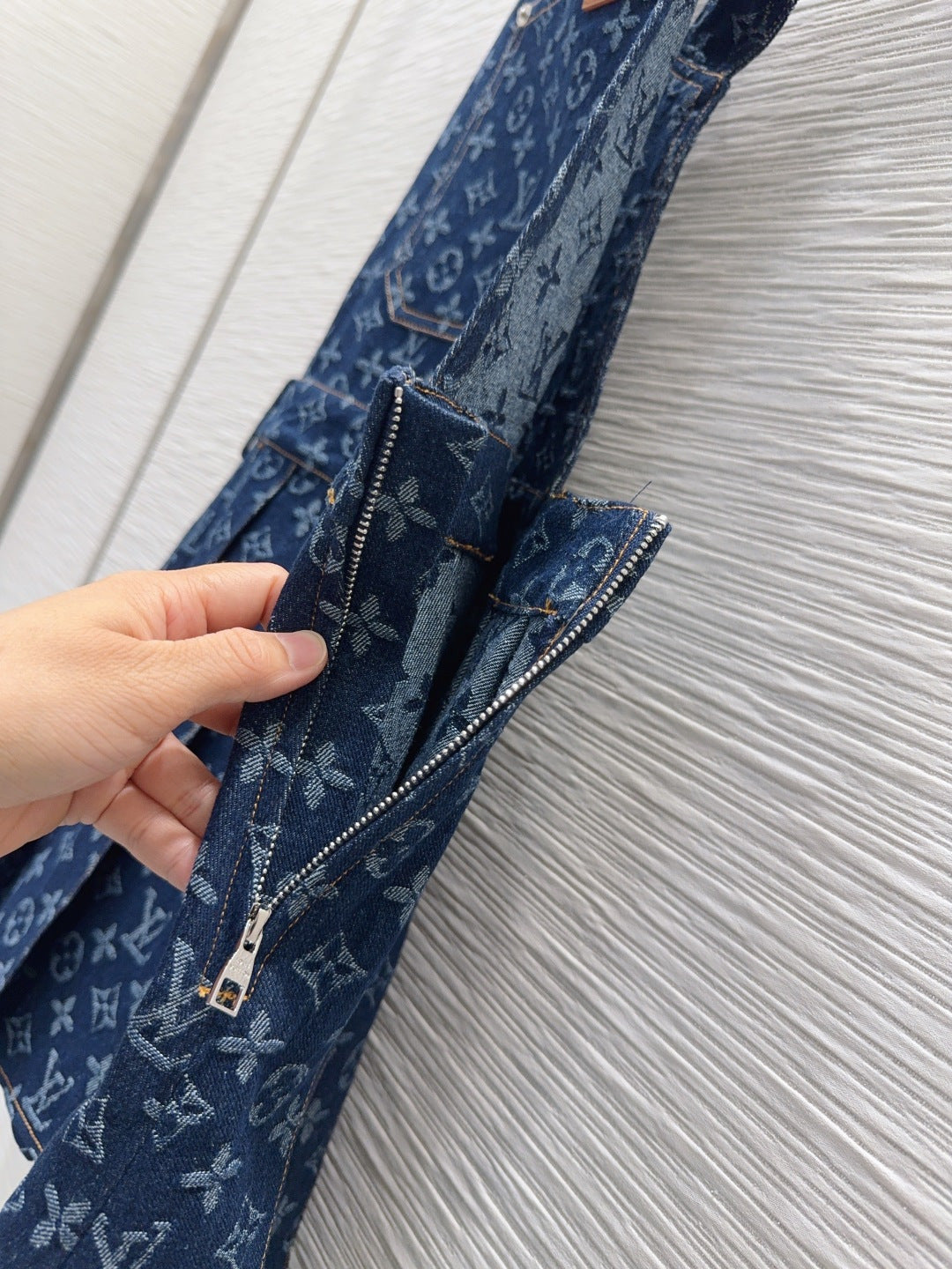 LV Monogram Jacquard Pleated Denim Pinafore Dress – Raw Indigo Monogram Tapestry Overall Rucksack Mini Dress