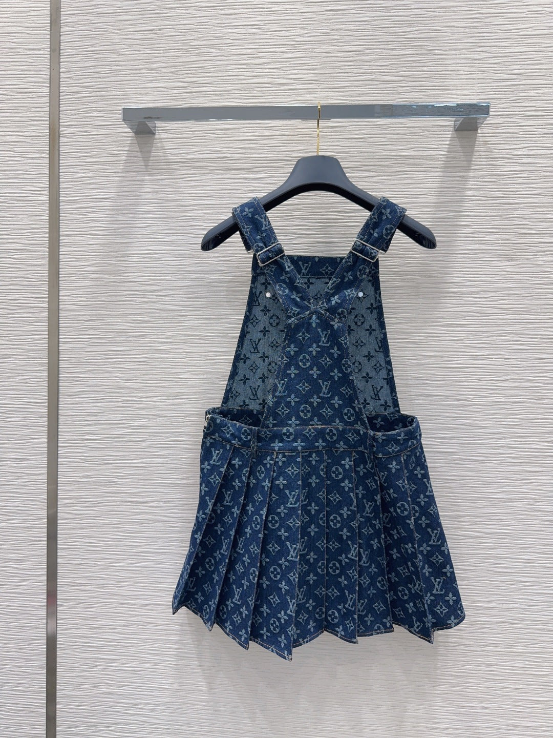 LV Monogram Jacquard Pleated Denim Pinafore Dress – Raw Indigo Monogram Tapestry Overall Rucksack Mini Dress