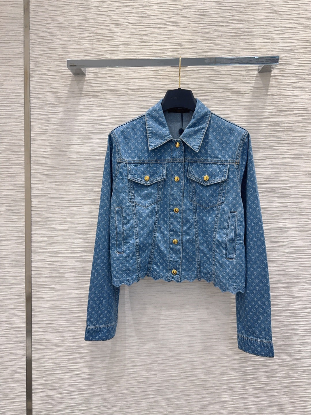 LV Monogram Lace Denim Set – Medium-Wash Trucker Jacket and Wide-Leg Jeans