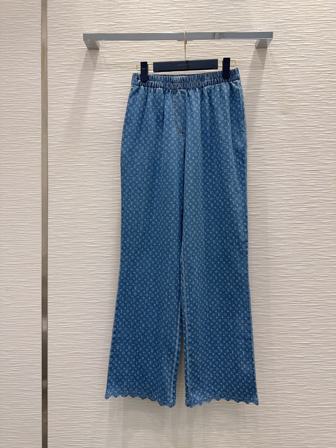 LV Monogram Lace Denim Set – Medium-Wash Trucker Jacket and Wide-Leg Jeans