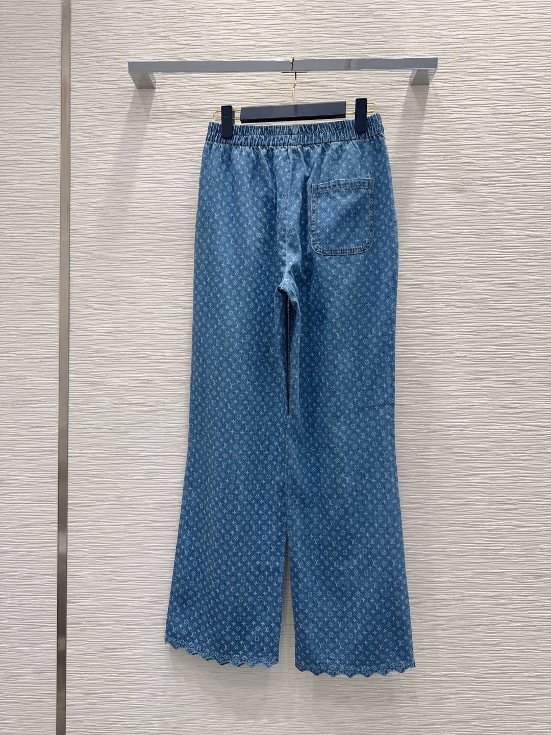 LV Monogram Lace Denim Set – Medium-Wash Trucker Jacket and Wide-Leg Jeans
