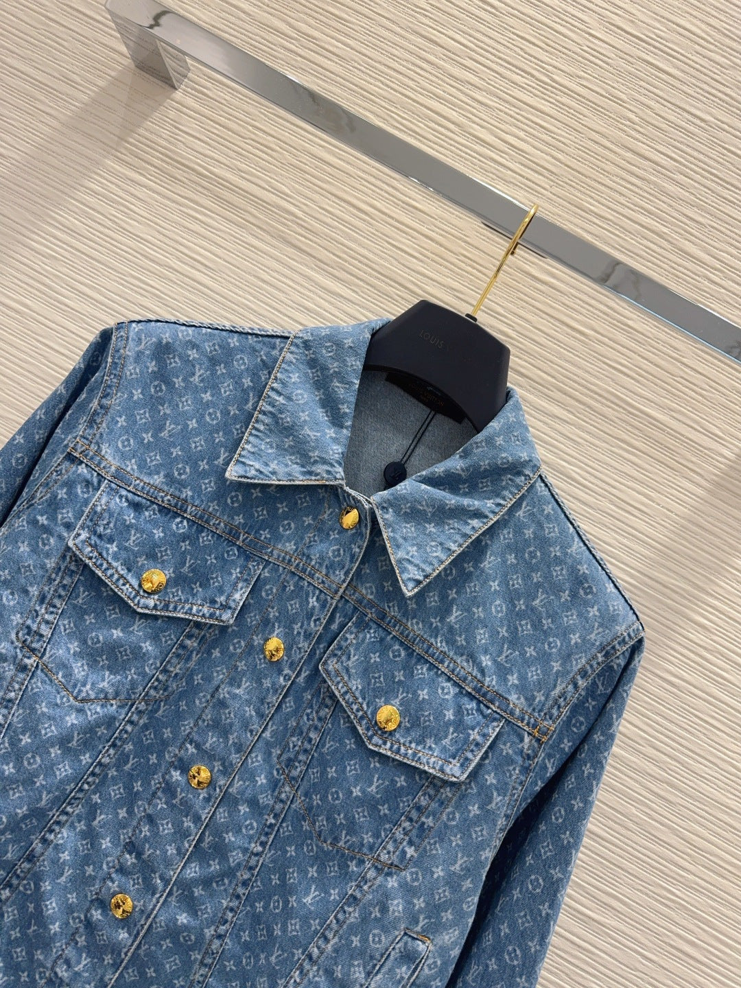 LV Monogram Lace Denim Set – Medium-Wash Trucker Jacket and Wide-Leg Jeans