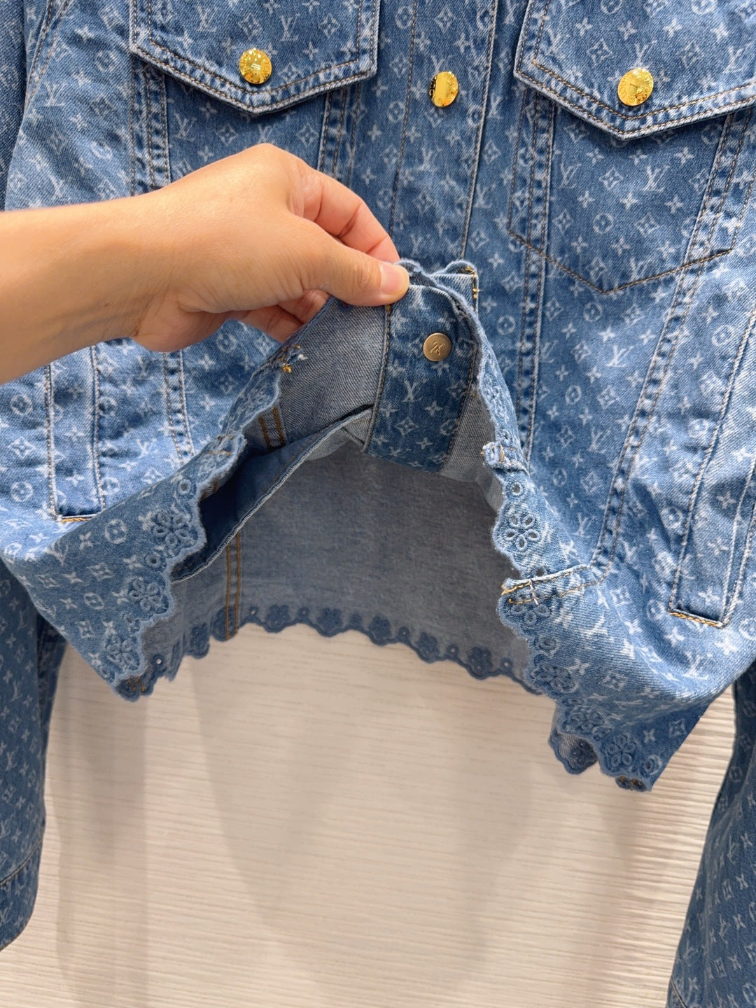 LV Monogram Lace Denim Set – Medium-Wash Trucker Jacket and Wide-Leg Jeans