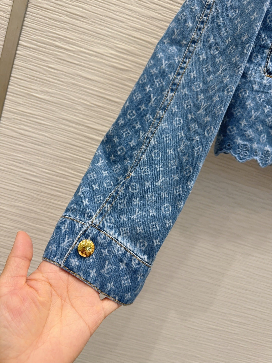 LV Monogram Lace Denim Set – Medium-Wash Trucker Jacket and Wide-Leg Jeans
