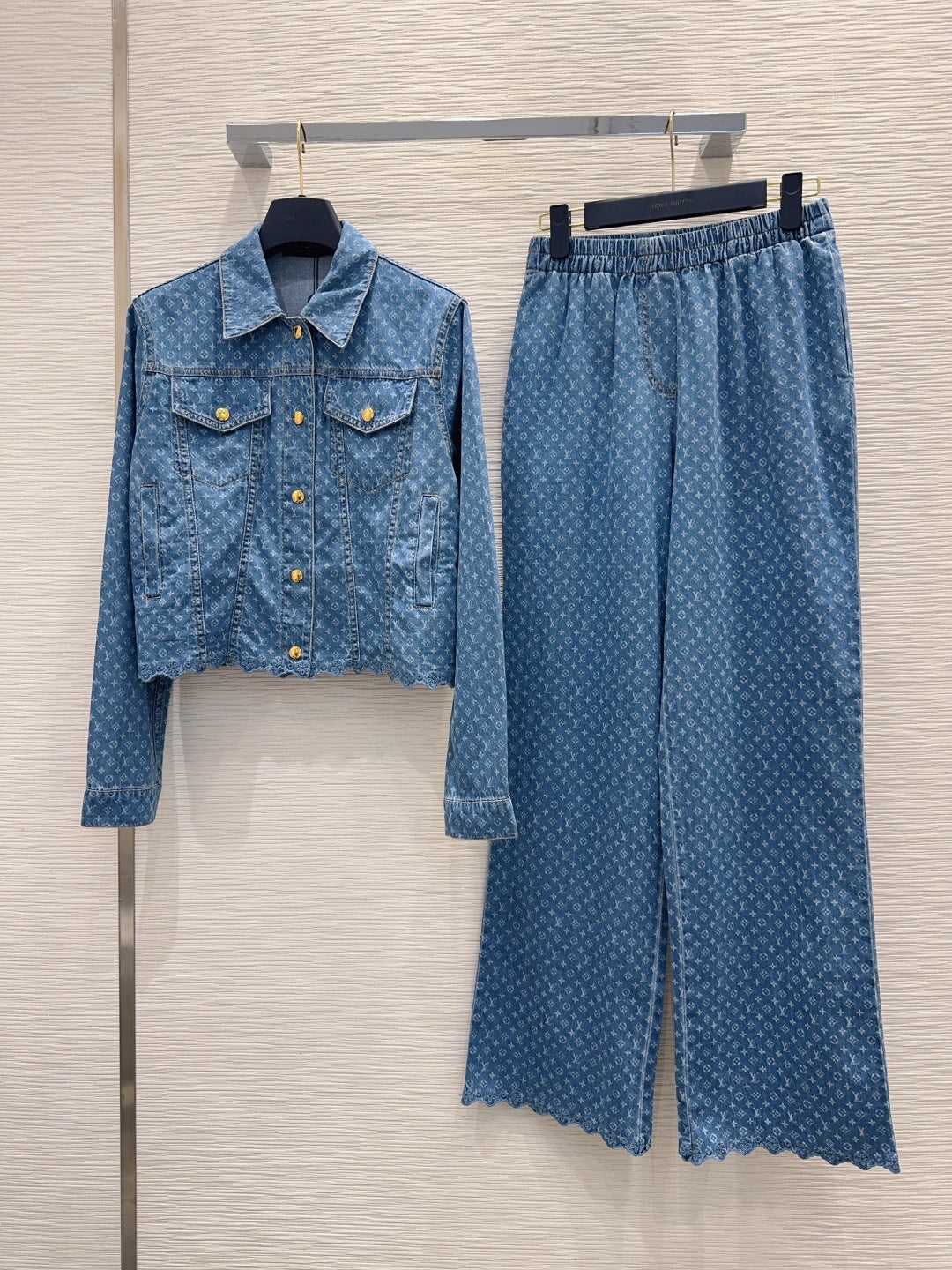 LV Monogram Lace Denim Set – Medium-Wash Trucker Jacket and Wide-Leg Jeans