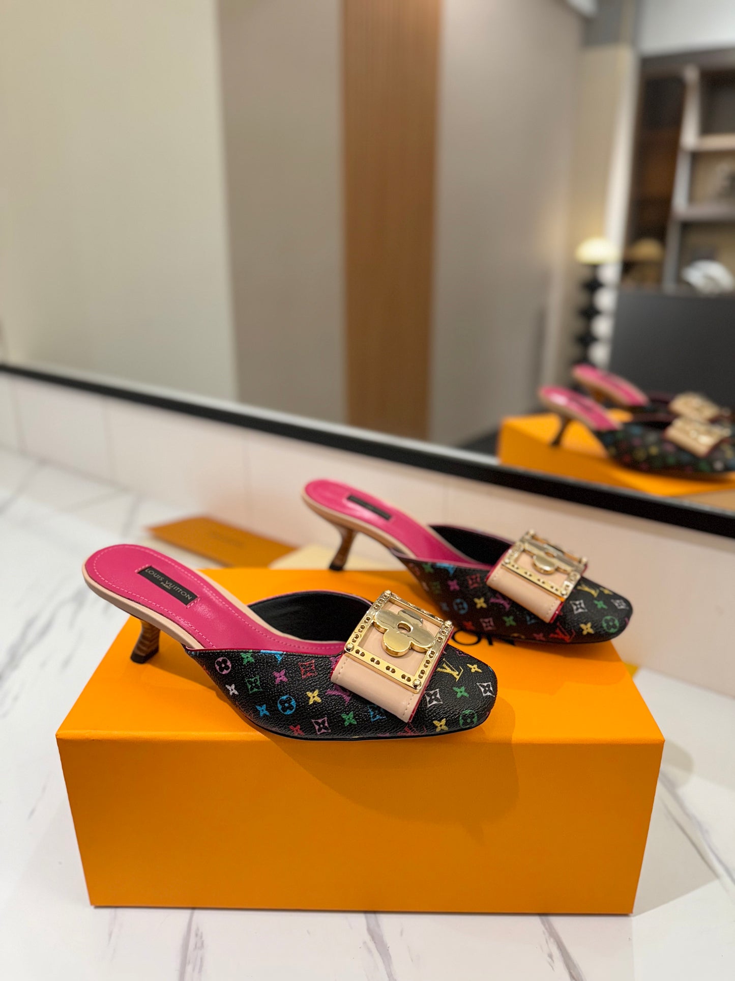 LV Monogram Multicolore Kitten Heel Mules – Black Coated Canvas Slip-On Shoes