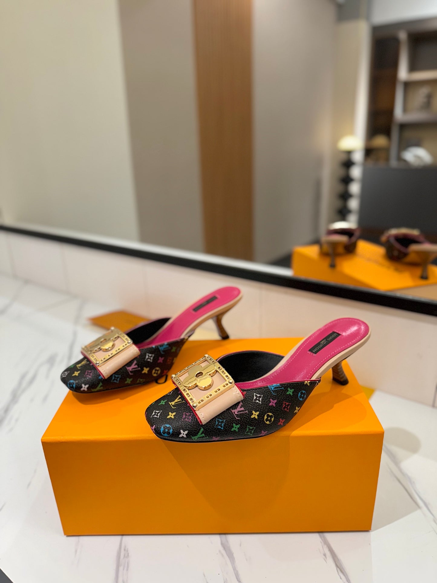 LV Monogram Multicolore Kitten Heel Mules – Black Coated Canvas Slip-On Shoes