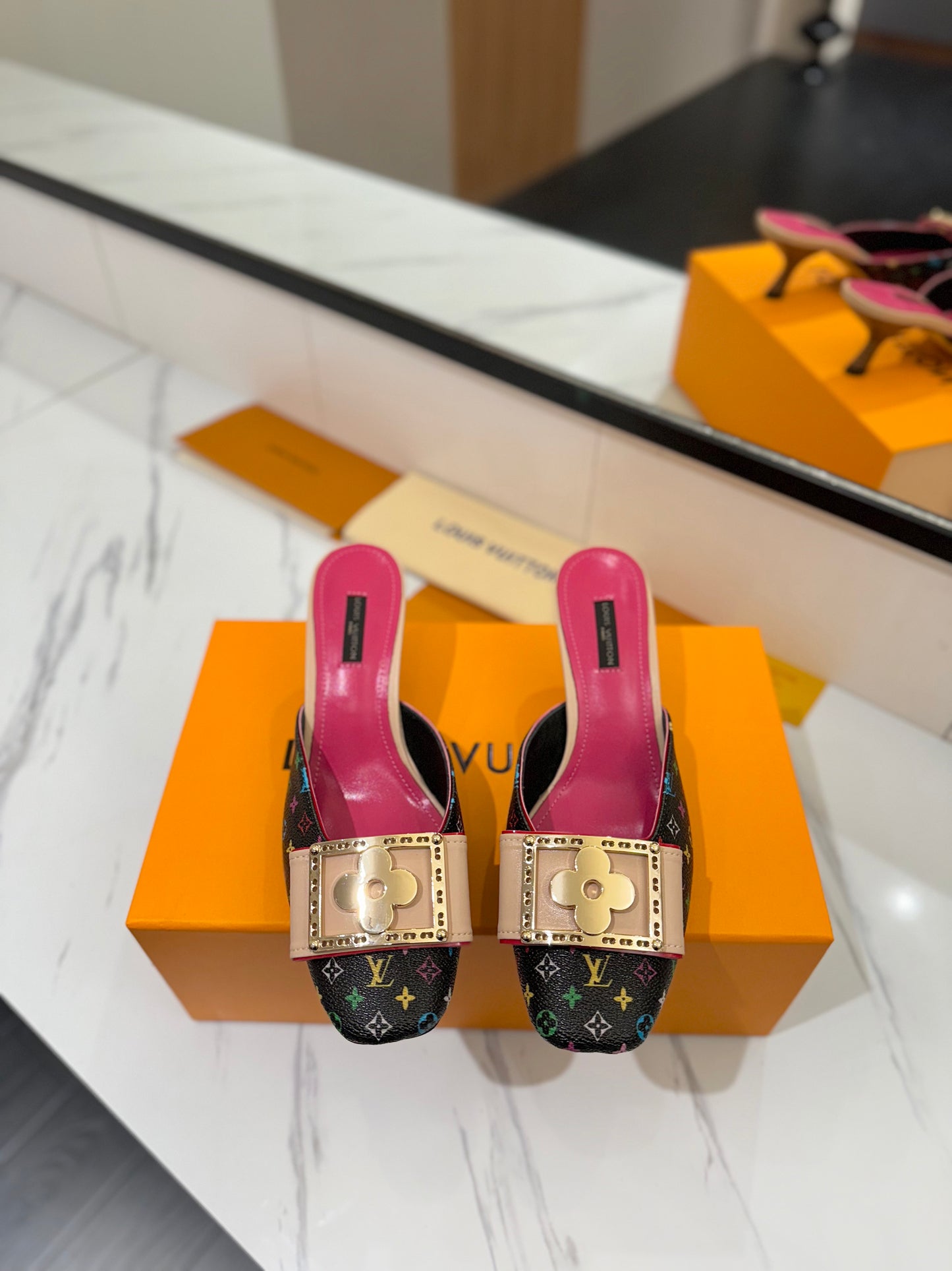 LV Monogram Multicolore Kitten Heel Mules – Black Coated Canvas Slip-On Shoes