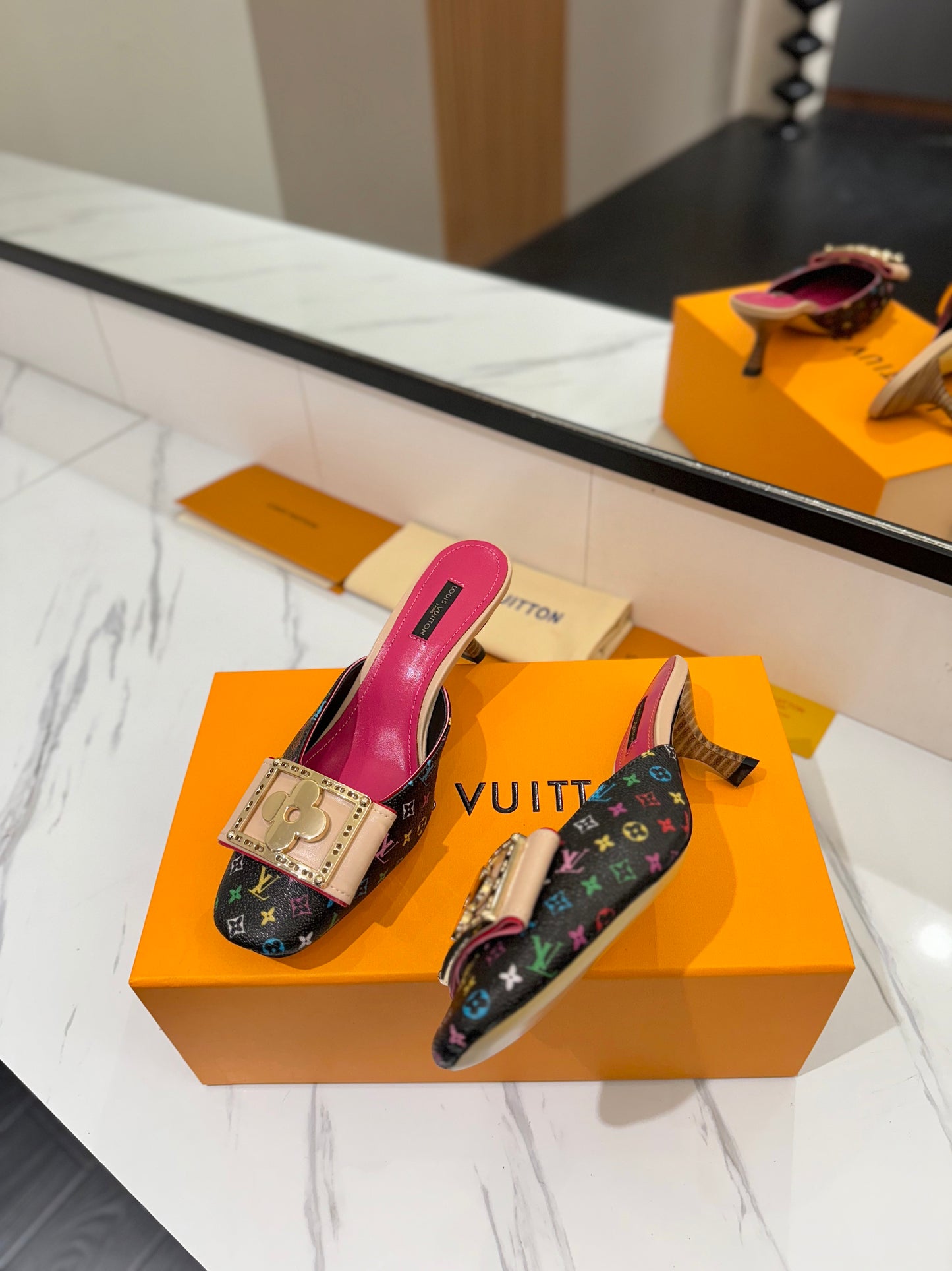 LV Monogram Multicolore Kitten Heel Mules – Black Coated Canvas Slip-On Shoes