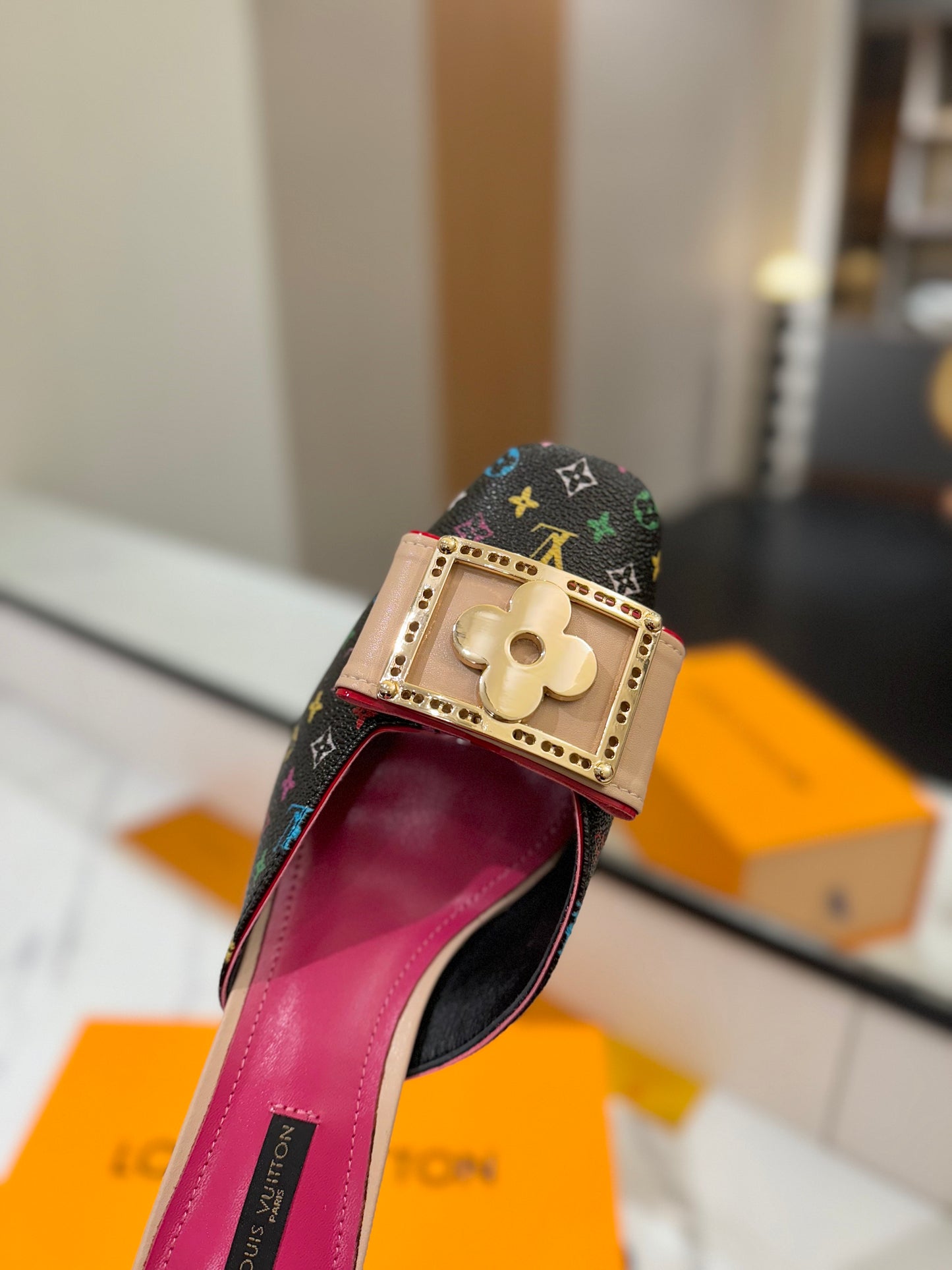 LV Monogram Multicolore Kitten Heel Mules – Black Coated Canvas Slip-On Shoes