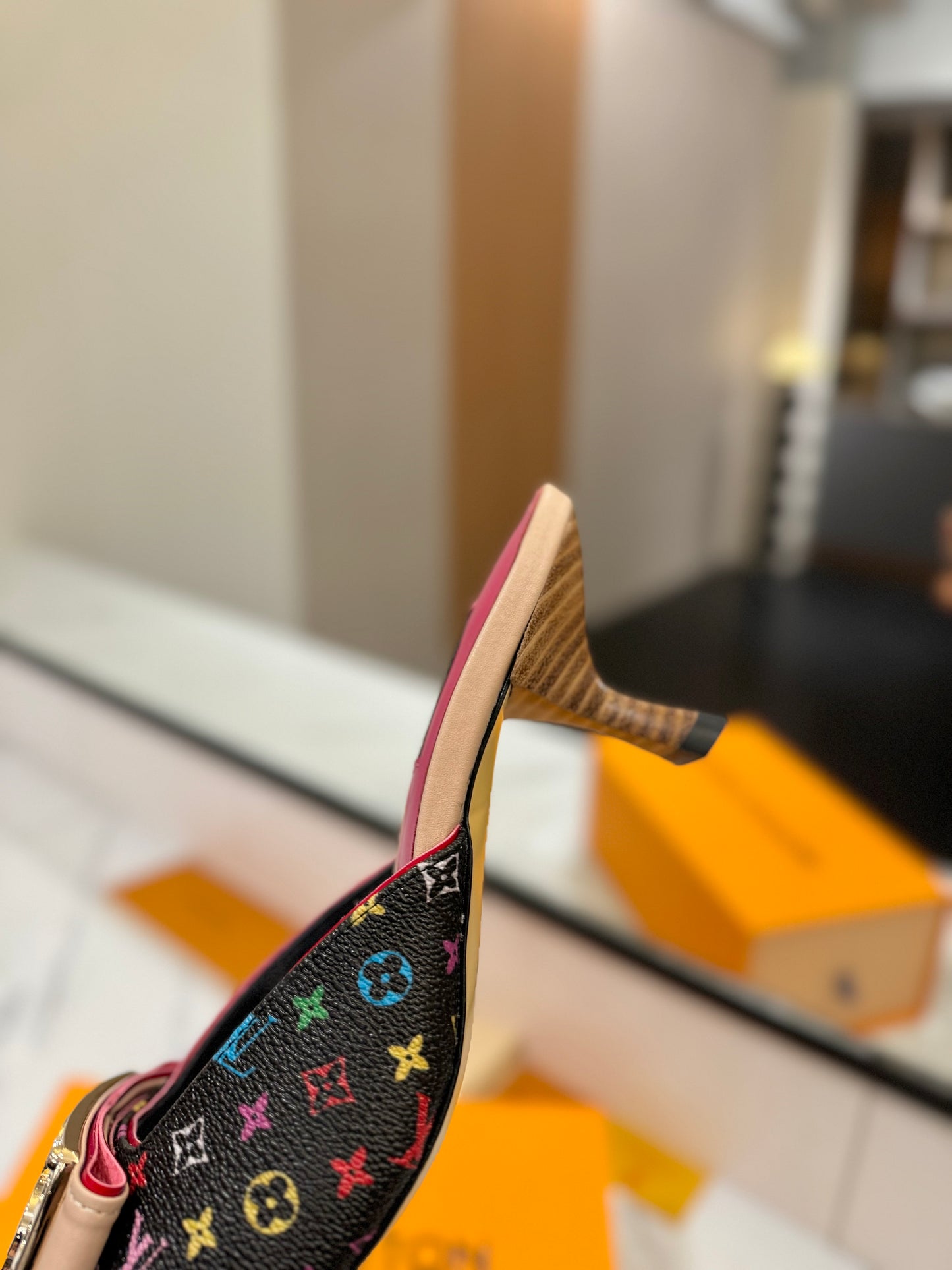 LV Monogram Multicolore Kitten Heel Mules – Black Coated Canvas Slip-On Shoes