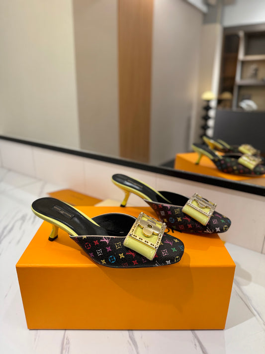LV Monogram Multicolore Kitten Heel Mules – Black Coated Canvas Slip-On Shoes